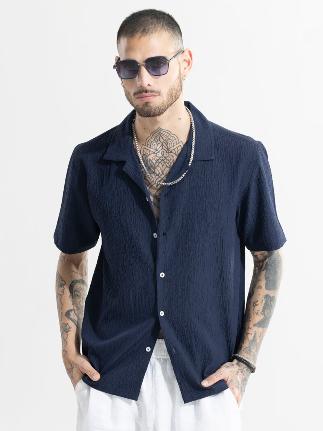 

Snitch Navy Blue Textured Cuban Collar Classic Boxy Cotton Casual Shirt