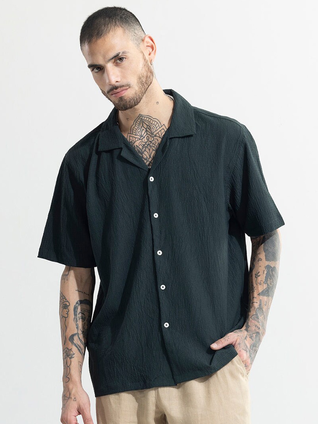 

Snitch Green Textured Cuban Collar Classic Boxy Cotton Casual Shirt