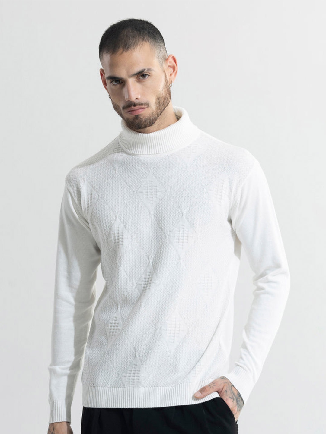 

Snitch White Turtle Neck Self Design Cotton Pullover