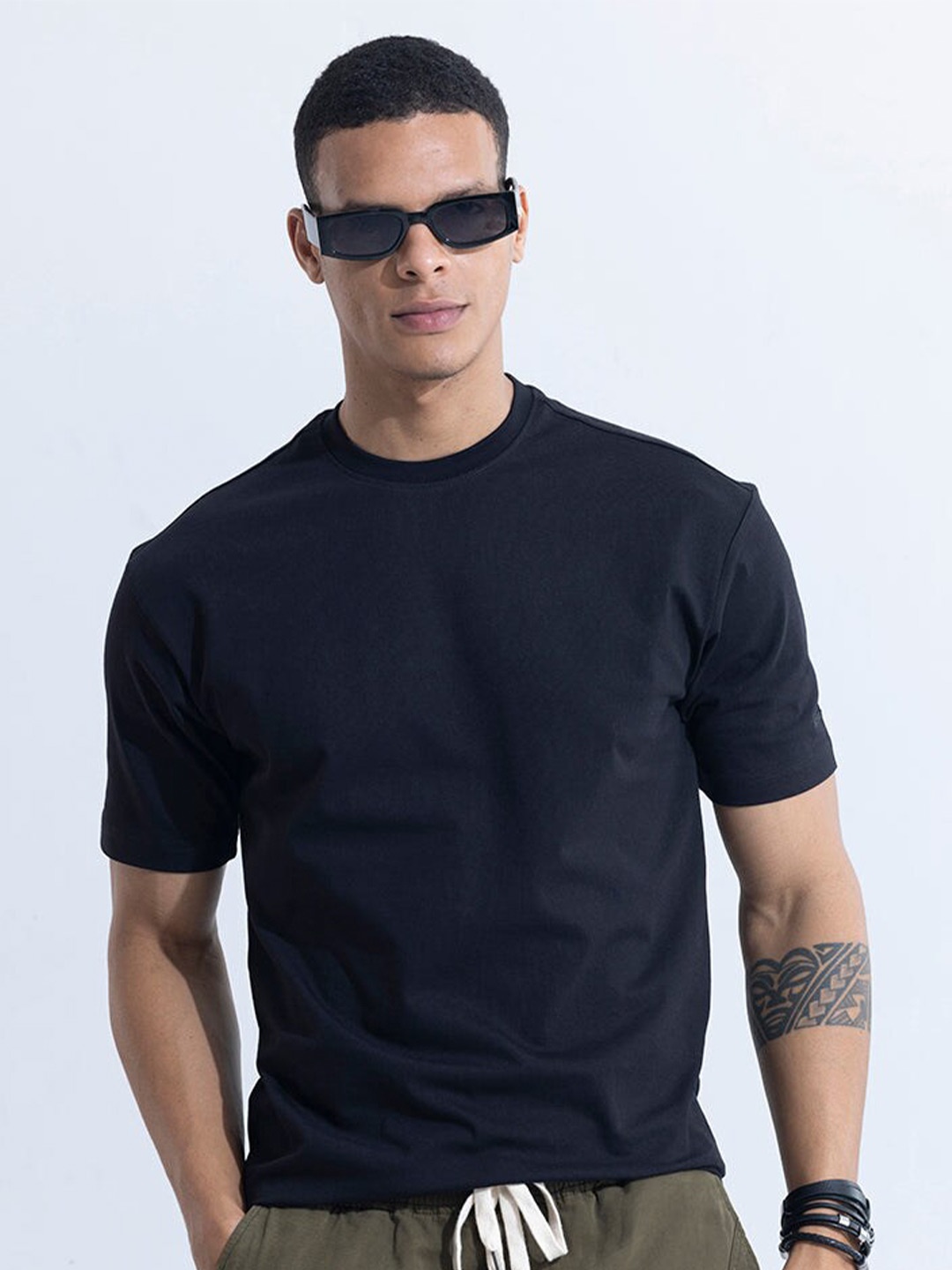 

Snitch Navy Blue Round Neck Relaxed Fit Cotton T-shirt