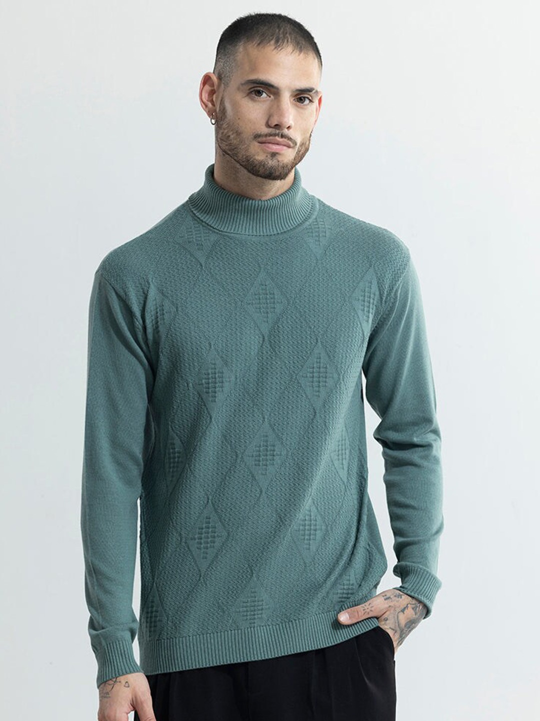 

Snitch Green Turtle Neck Self Design Cotton Pullover