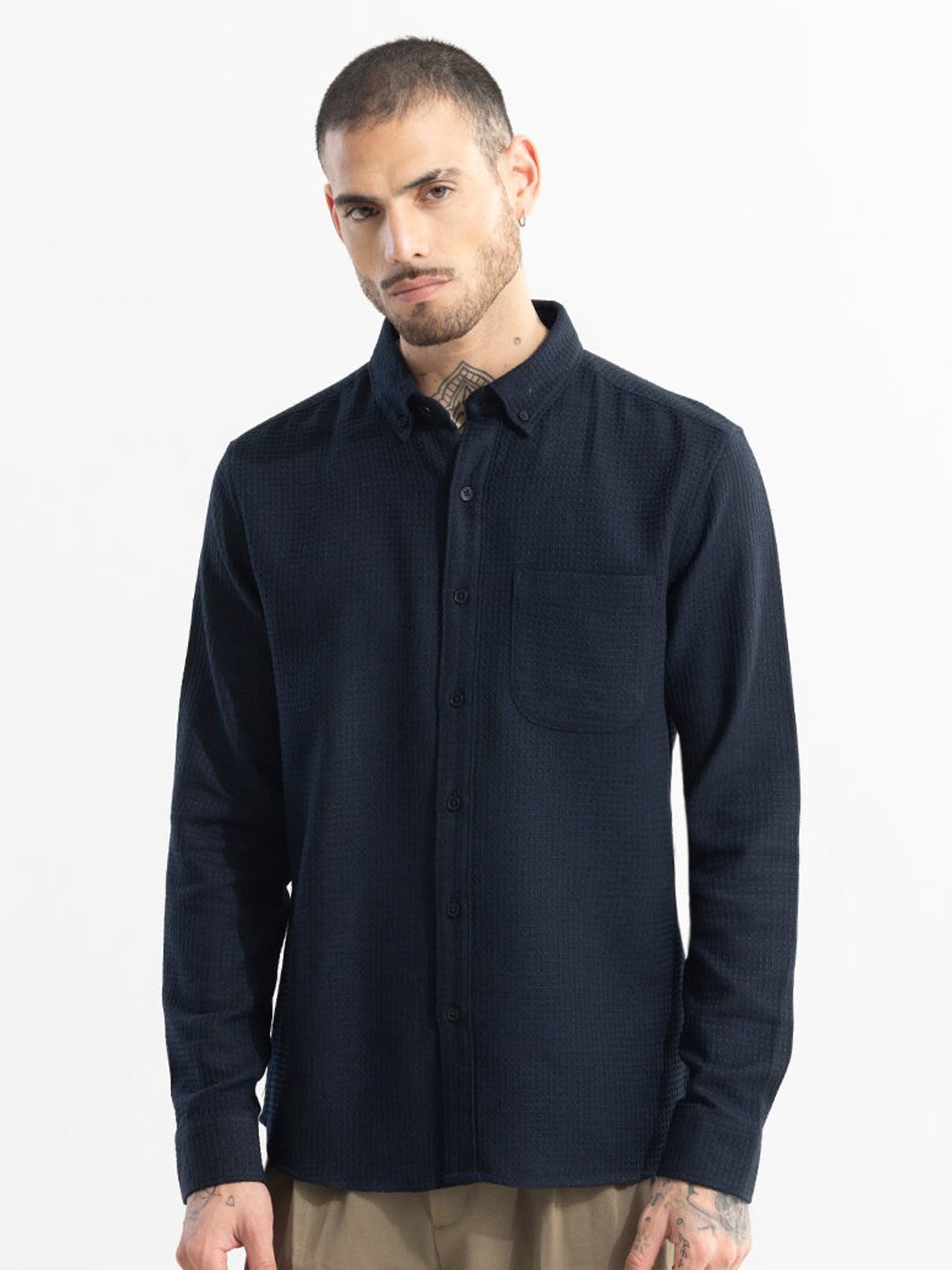 

Snitch Navy Blue Classic Slim Fit Textured Casual Cotton Shirt