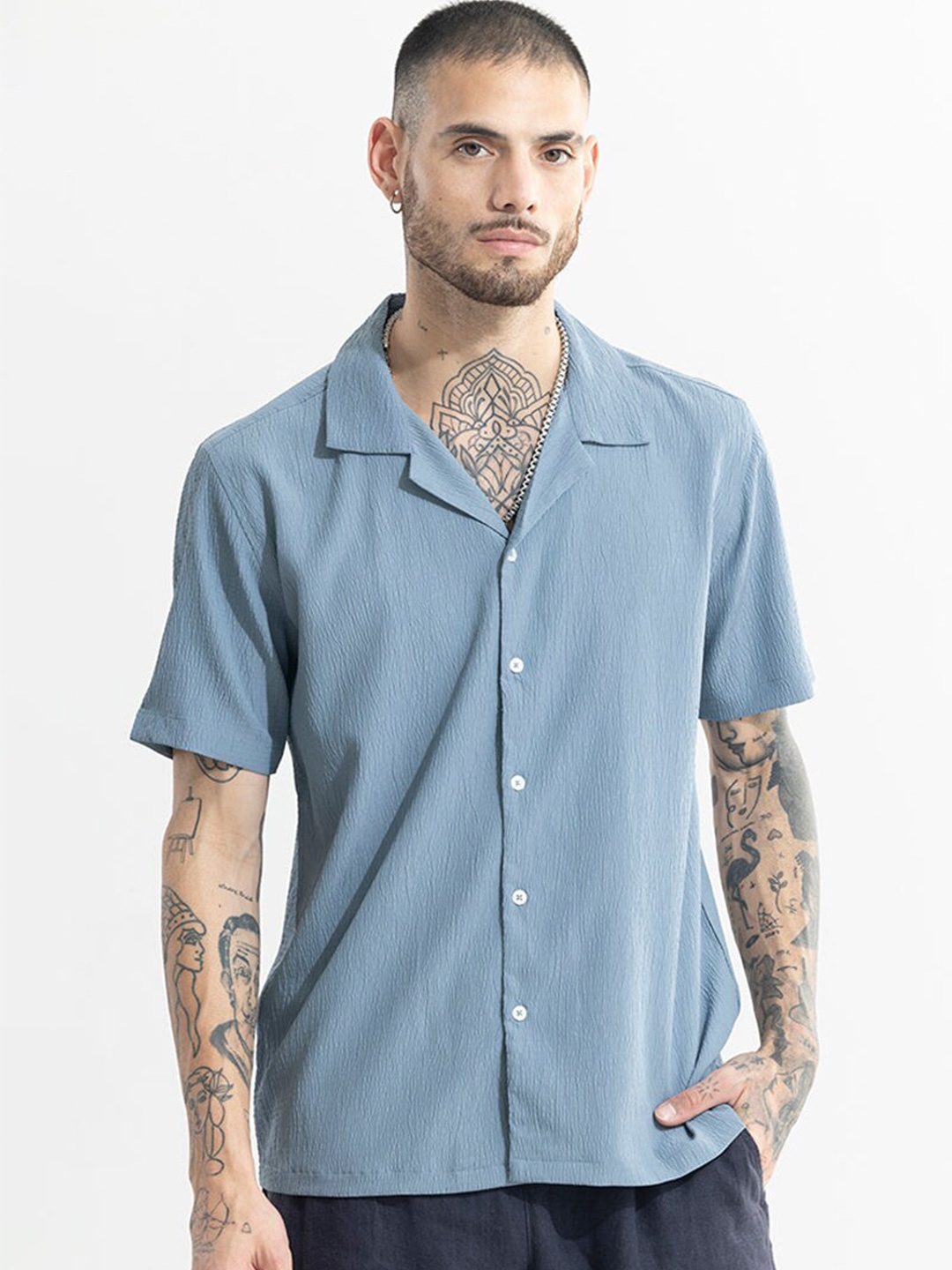 

Snitch Blue Classic Boxy Opaque Textured Cotton Casual Shirt