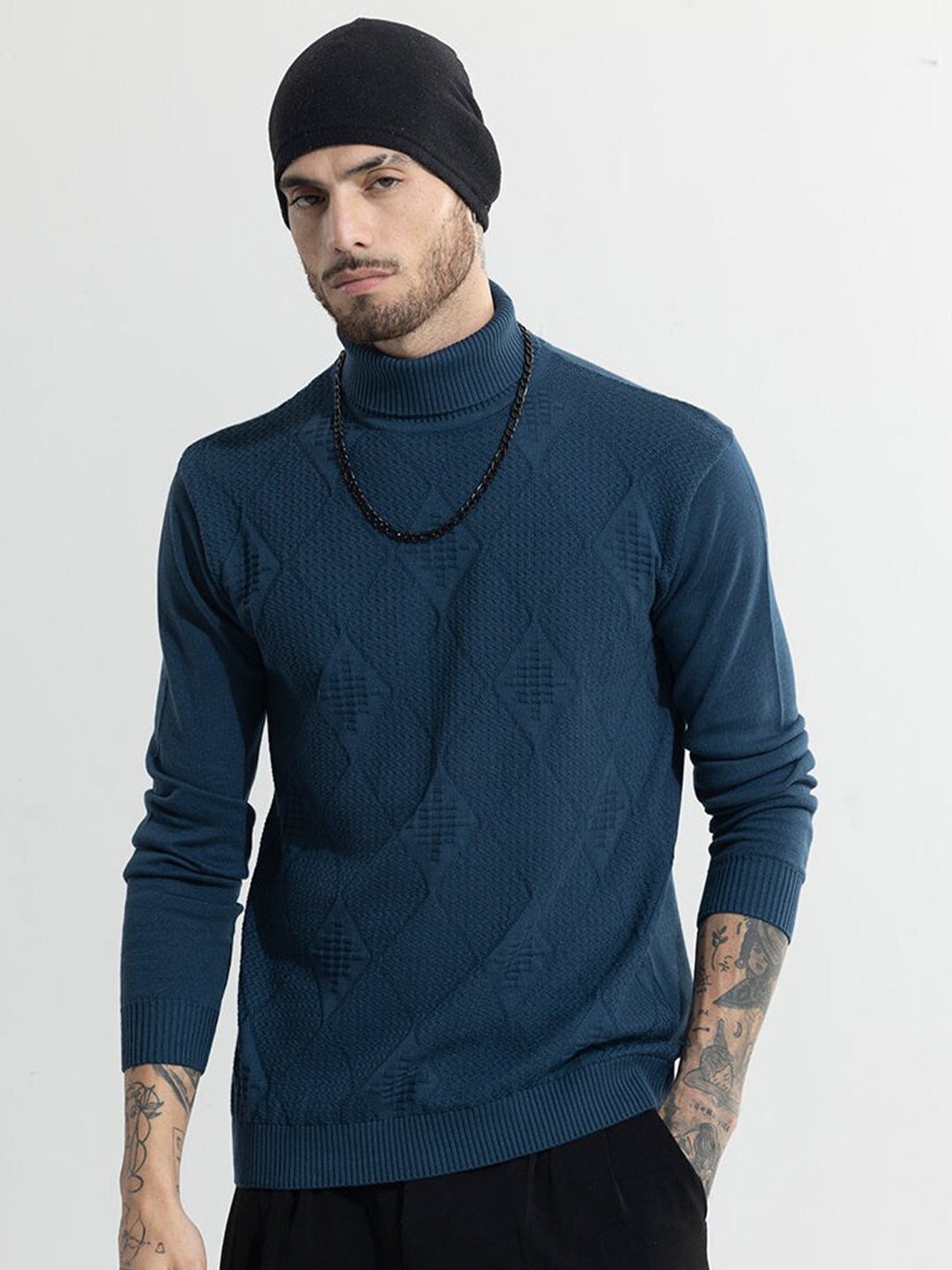 

Snitch Turtle Neck Self Design Cotton Pullover, Blue