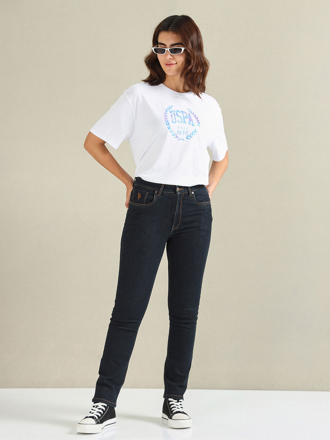 

U.S. Polo Assn. Women Relaxed Fit Brand Logo Printed Pure Cotton T-shirt, White