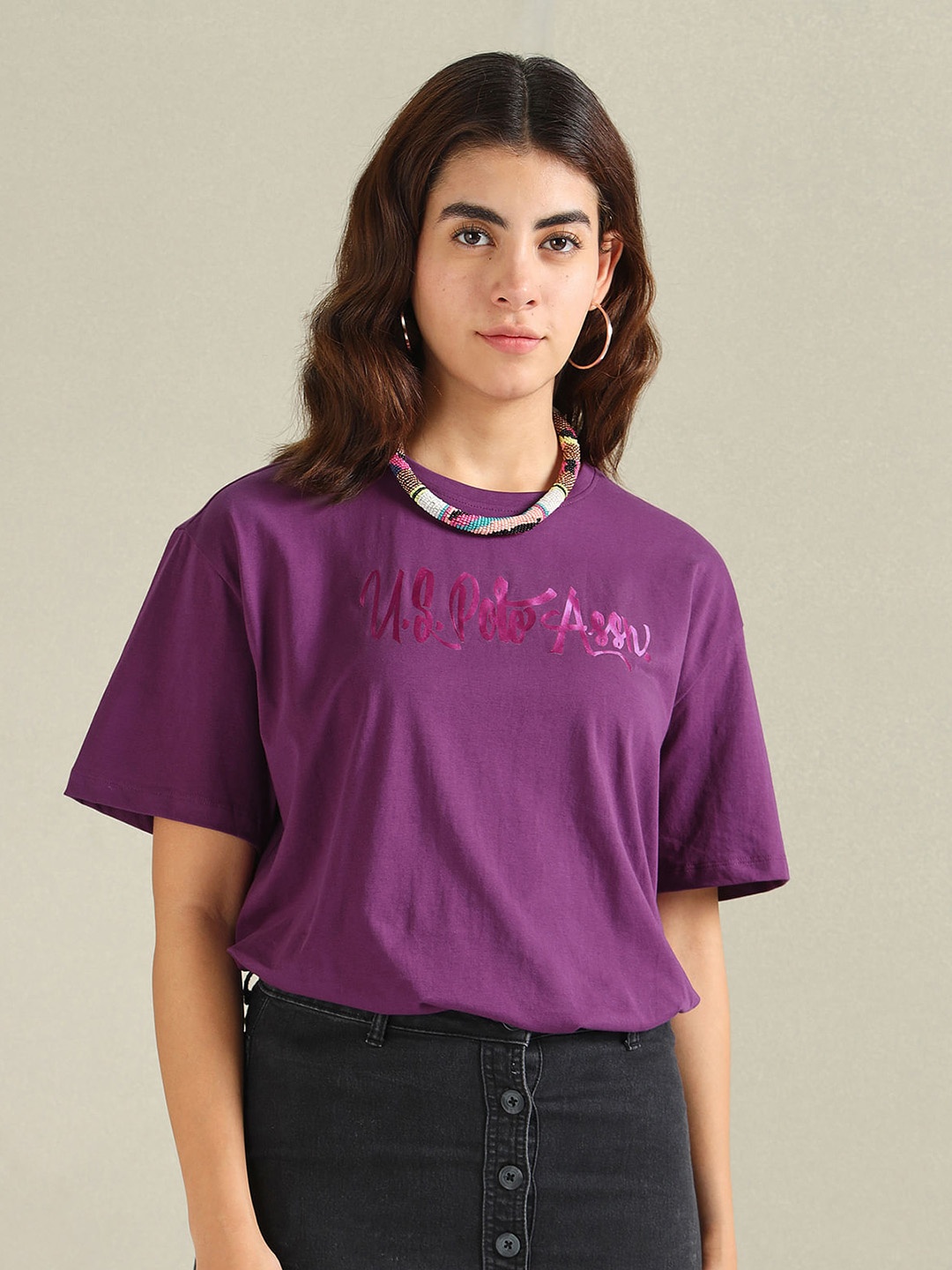 

U.S. Polo Assn. Women Brand Logo Printed Oversized T-shirt, Purple