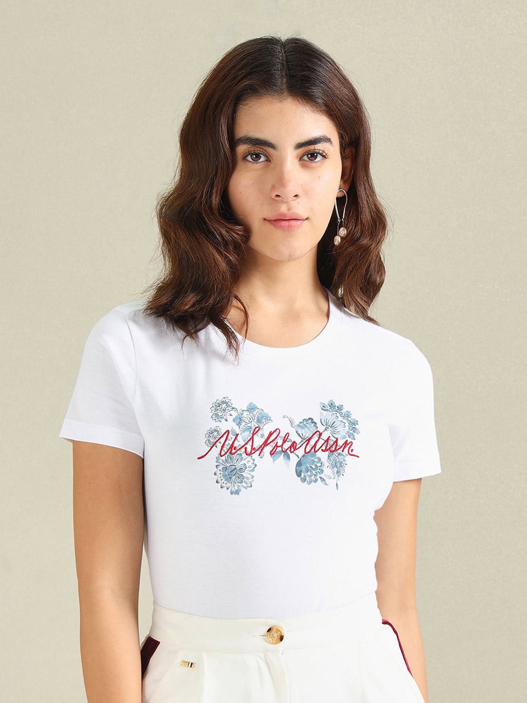 

U.S. Polo Assn. Women Floral Printed Pure Cotton T-shirt, White