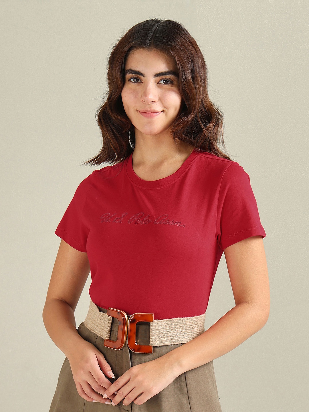 

U.S. Polo Assn. Women Typography Printed Short Sleeves Pure Cotton T-shirt, Red