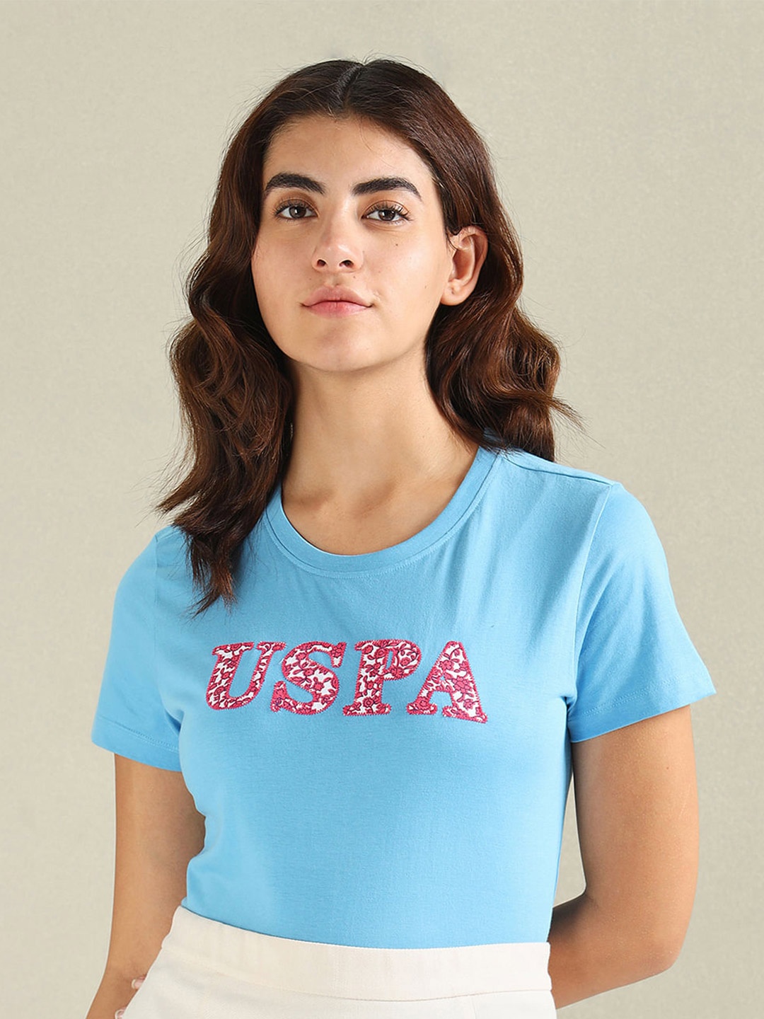 

U.S. Polo Assn. Women Typography Printed Short Sleeves Pure Cotton T-shirt, Blue