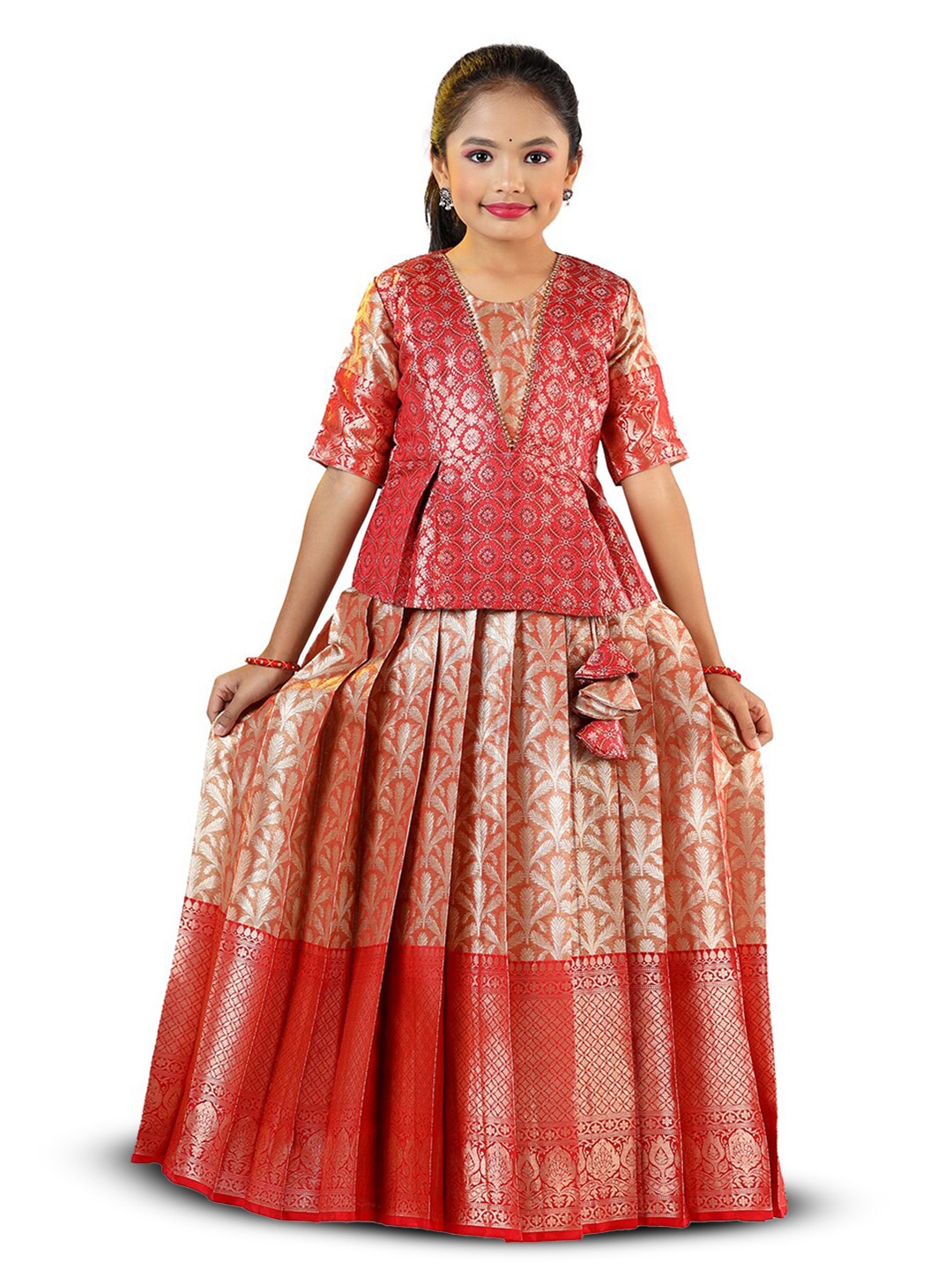 

SHIVANGI clothing Girls Woven Design Silk Ready to Wear Lehenga Choli, Red