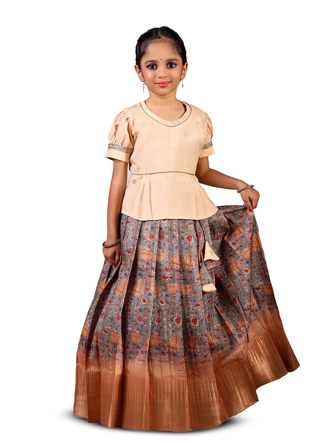 

SHIVANGI clothing Girls Round Neck Puff Sleeves Pure Silk Top With Kalamkari Printed Skirt, Grey