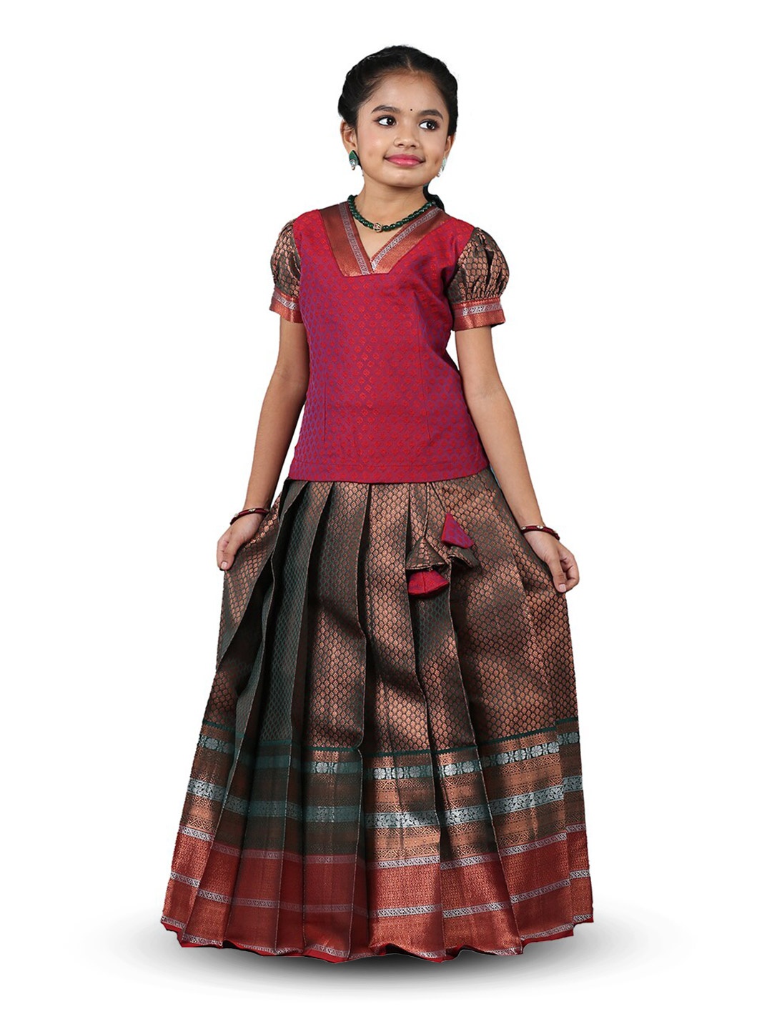 

SHIVANGI clothing Girls Woven Design Silk Ready to Wear Lehenga Choli, Green