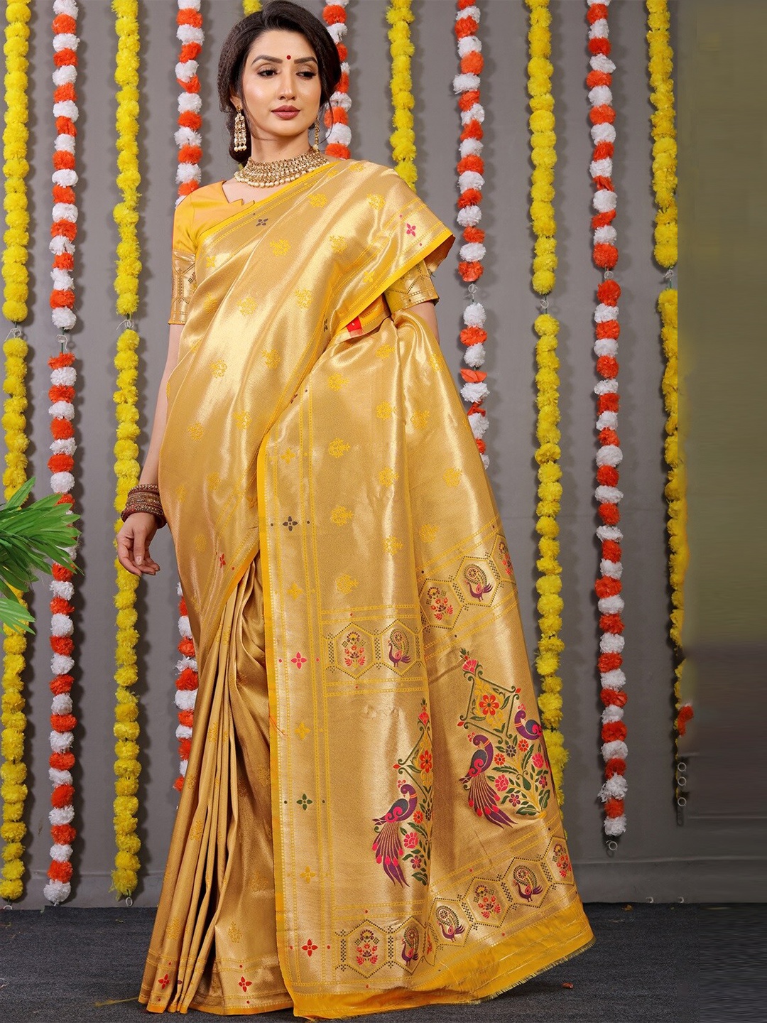 

CaniBani Ethnic Motifs Woven Design Zari Pure Silk Paithani Saree, Yellow