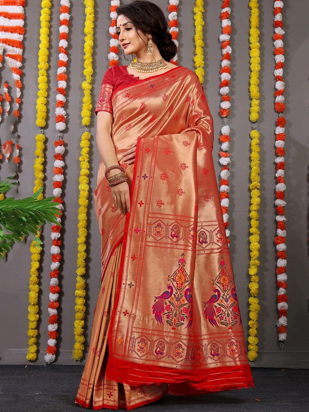 

CaniBani Ethnic Motifs Woven Design Zari Pure Silk Paithani Saree, Red