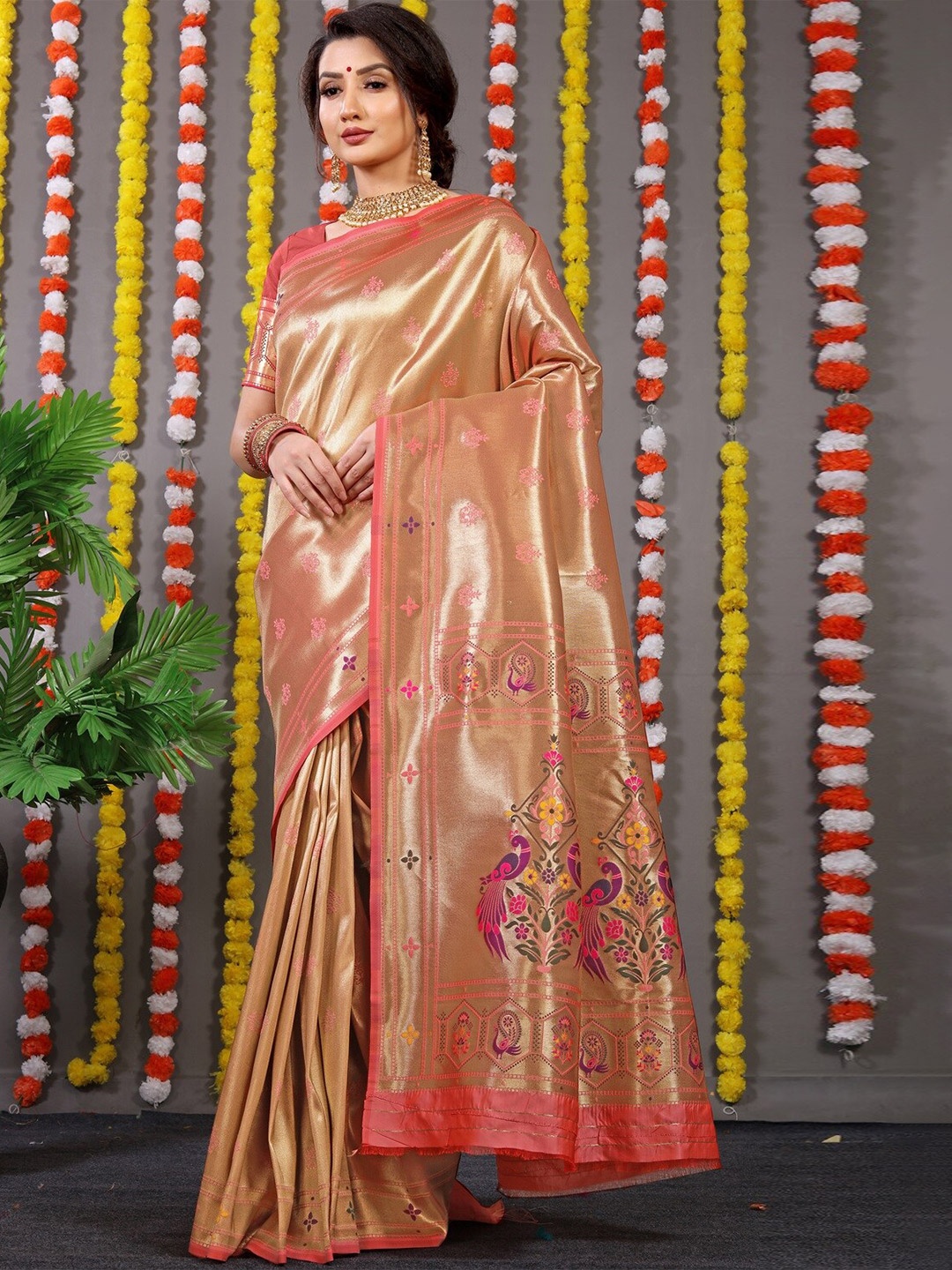 

CaniBani Ethnic Motifs Woven Design Zari Pure Silk Paithani Saree, Peach