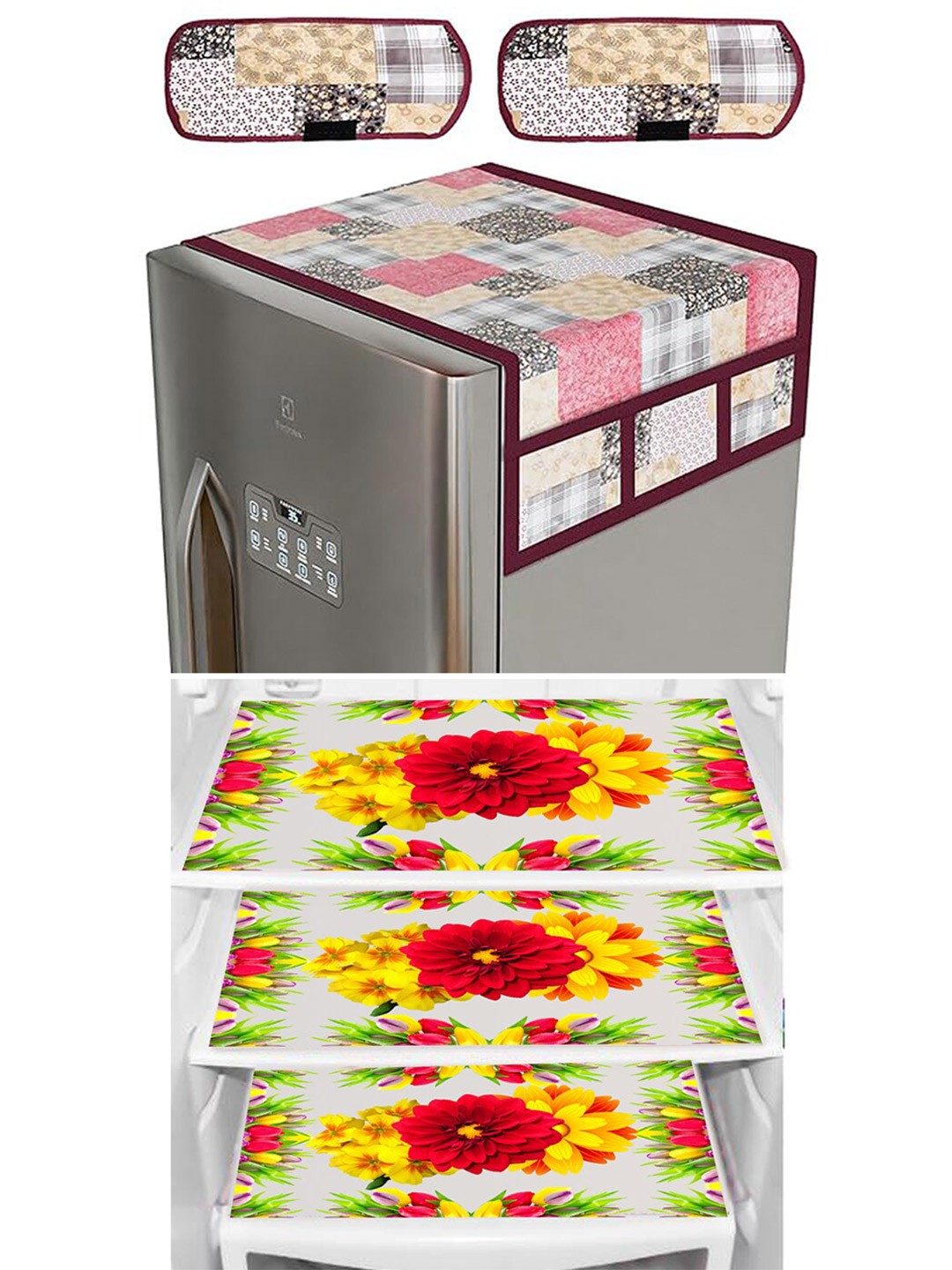 

Dakshya Industries 6 Pieces Beige & Green Floral Printed Refrigerator Covers, Black