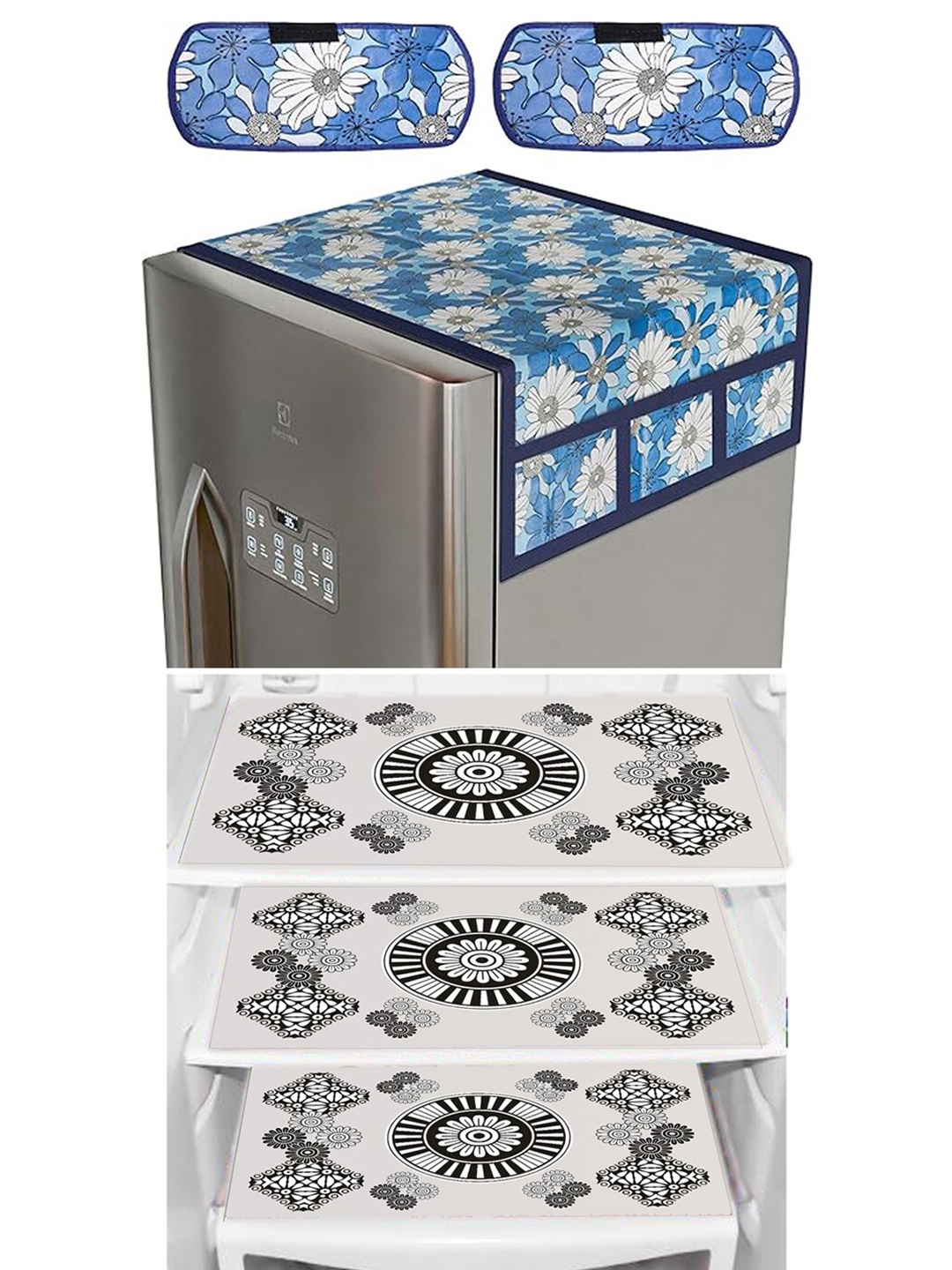 

Dakshya Industries 6 Pieces Blue & White Floral Printed Refrigerator Covers, Black