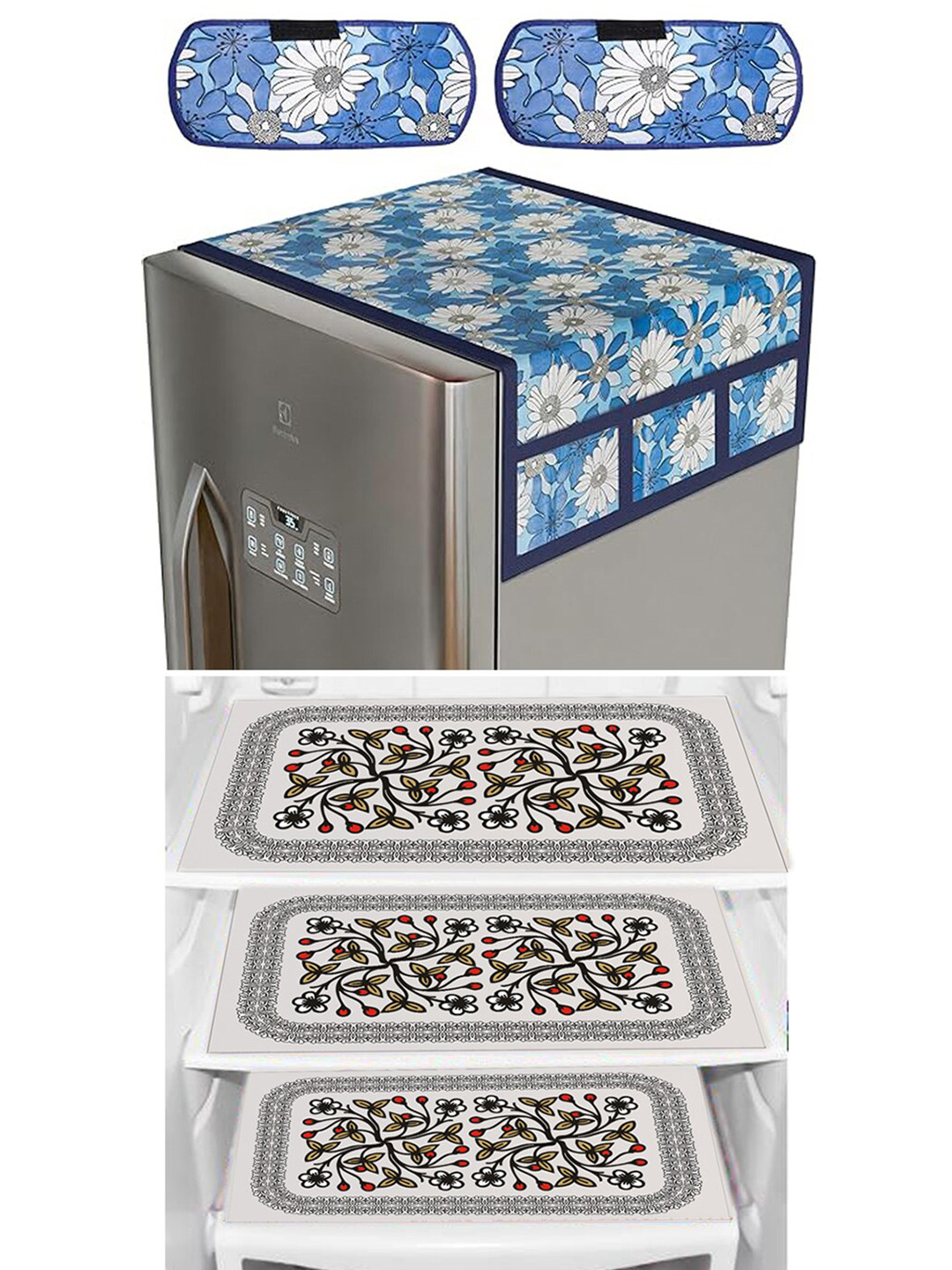 

Dakshya Industries Blue 6 Pieces Floral Printed Waterproof Fridge Cover With Fridge Mats