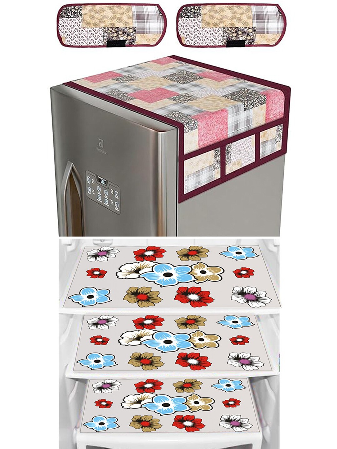 

Dakshya Industries 6 Pieces Cream & Pink Floral Printed Refrigerator Covers, Maroon