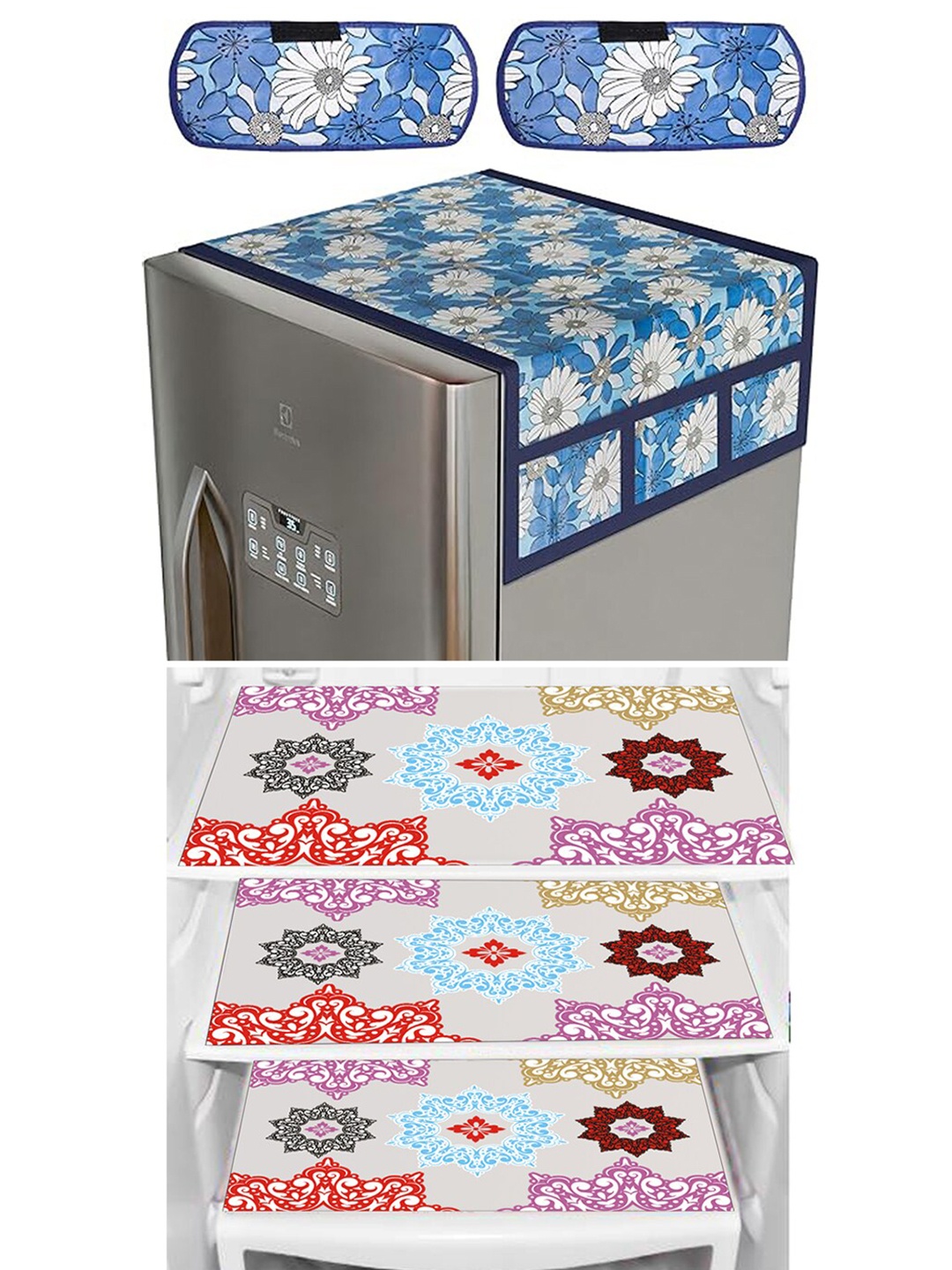 

Dakshya Industries 6 Pieces Blue & Pink Floral Printed Refrigerator Covers, White