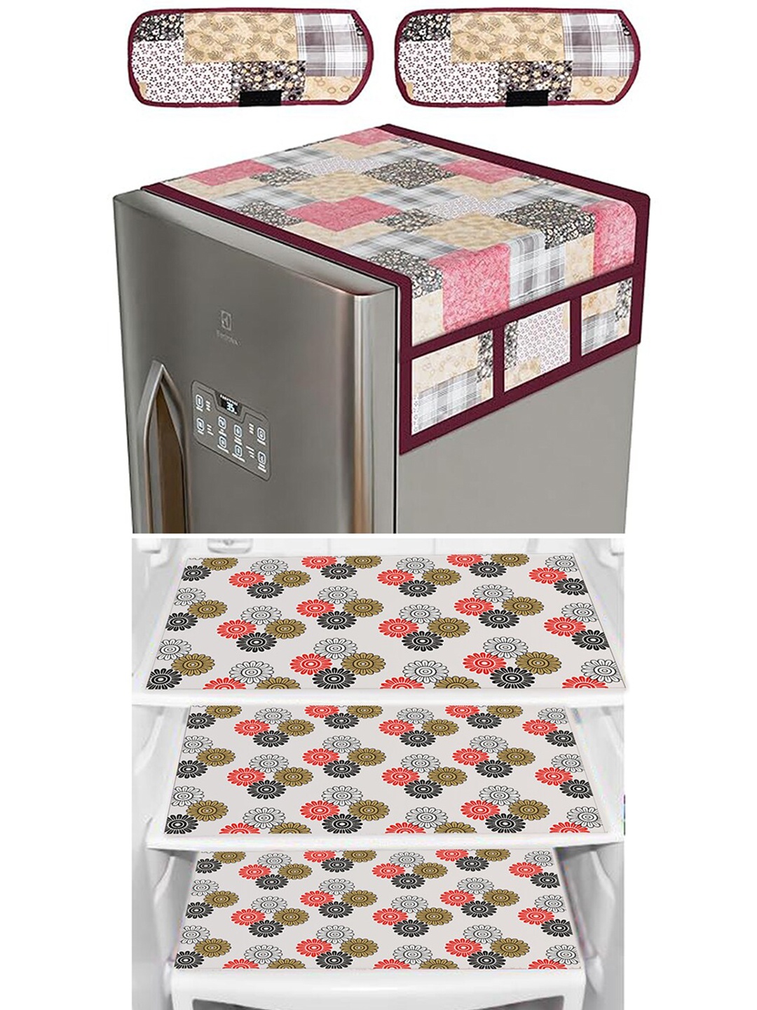 Dakshya Industries 6 Pieces Pink & Beige Floral Printed Refrigerator Covers