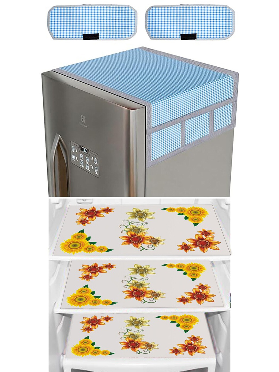 Dakshya Industries Blue & Yellow 6 Pieces Floral Printed Refrigerator Covers