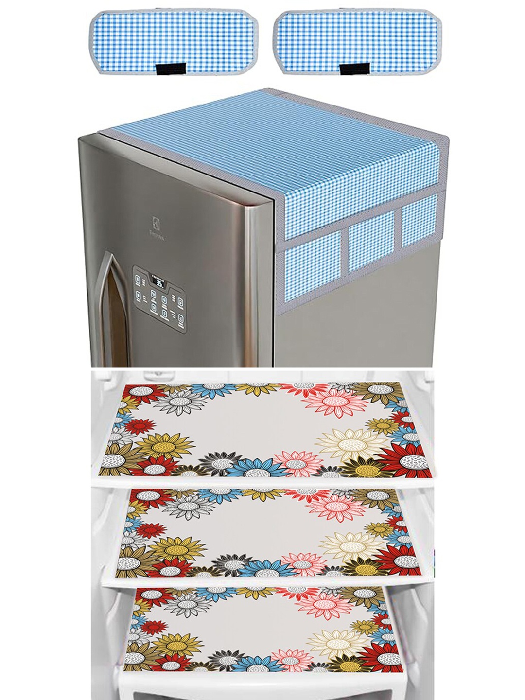

Dakshya Industries Blue 6 Pieces Floral Printed Waterproof Fridge Cover With Fridge Mats
