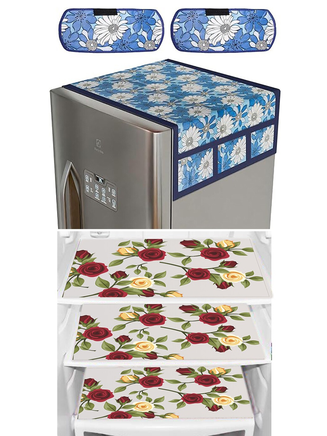 

Dakshya Industries 6 Pieces Blue Floral Printed Refrigerator Covers, Grey