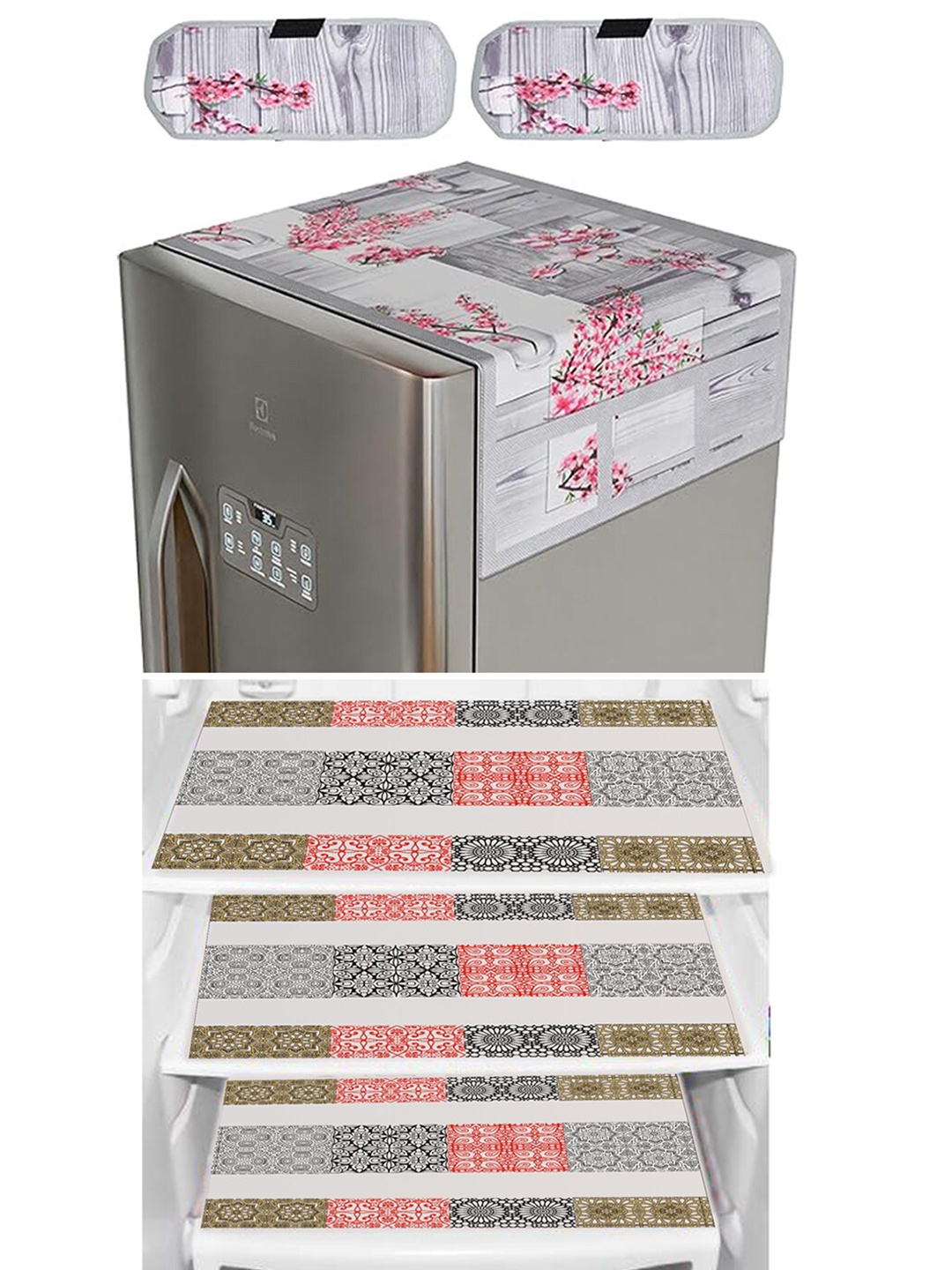 

Dakshya Industries 6 Pieces Pink & Grey Floral Printed Refrigerator Covers