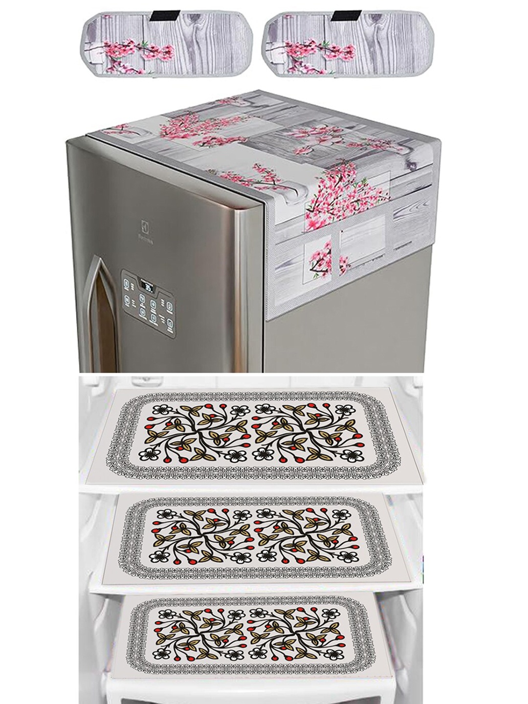 

Dakshya Industries Grey 6 Pieces Floral Printed Waterproof Fridge Cover With Fridge Mats