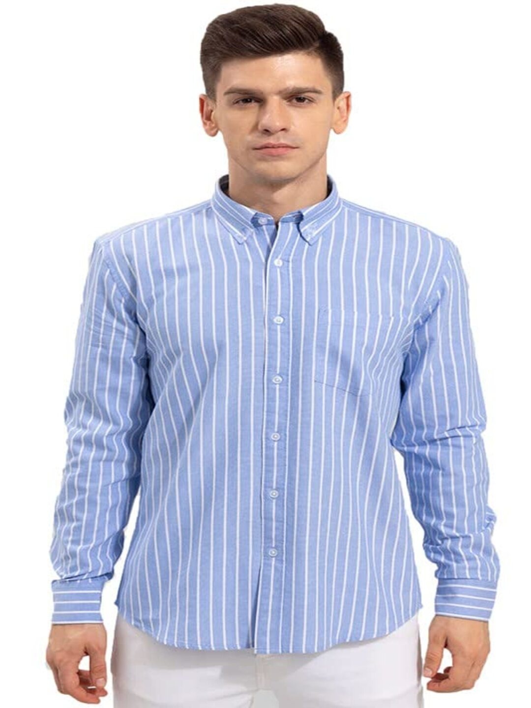 

Bought First Premium Striped Cotton Button-Down Collar Opaque Casual Shirt, Turquoise blue