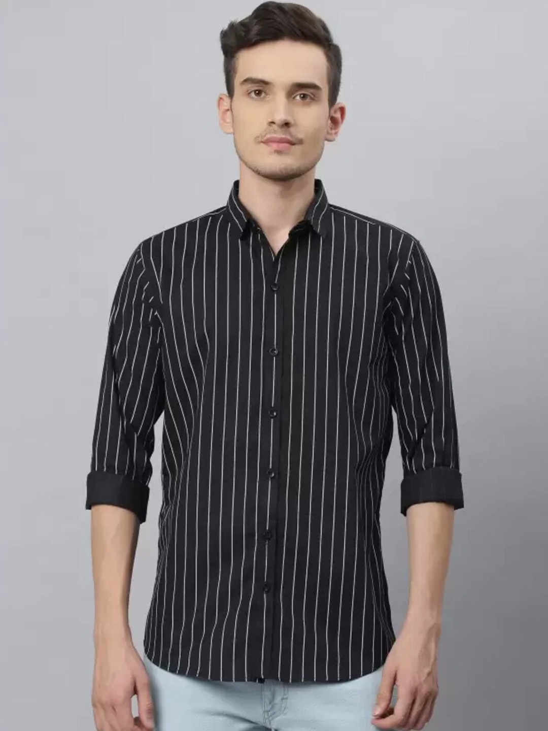 

Bought First Premium Vertical Striped Spread Collar Shirt, Black