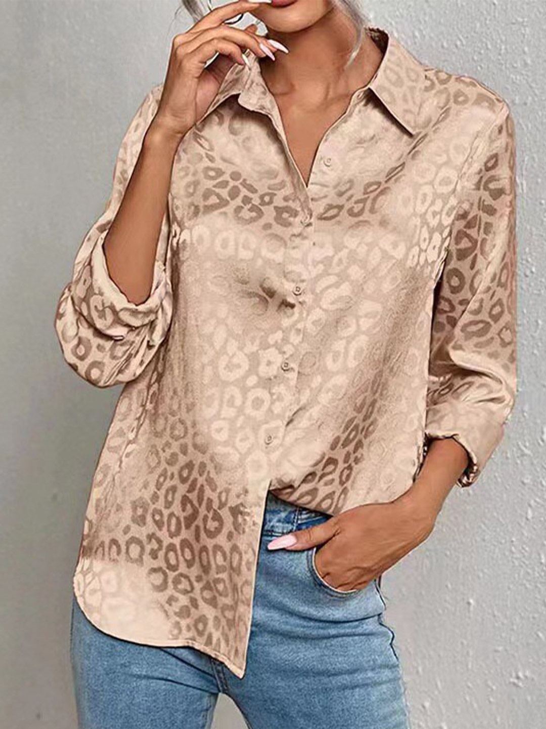 

StyleCast Beige Animal Printed Long sleeves Satin Casual Shirt