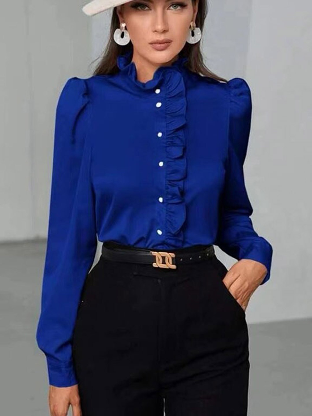 

StyleCast Blue Ruffled Long Sleeves Satin Casual Shirt