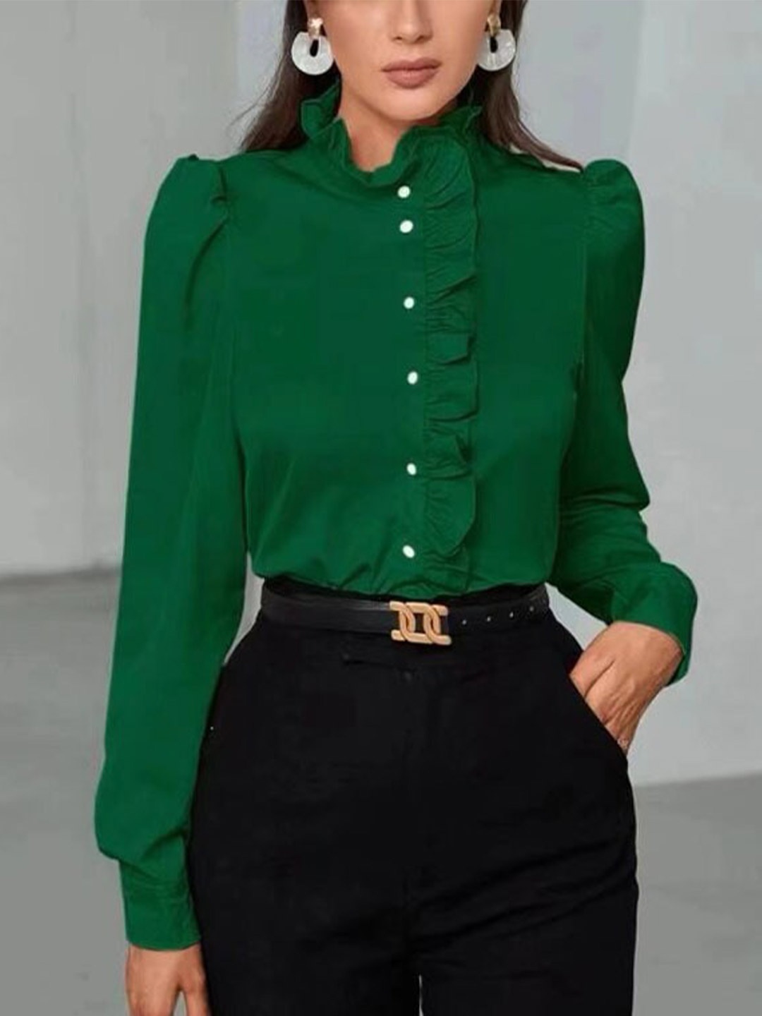 

StyleCast Green Ruffled Long Sleeves Satin Casual Shirt