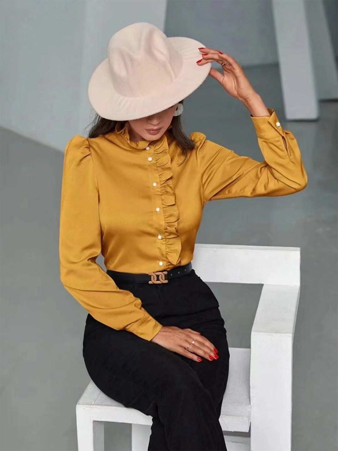 

StyleCast Mustard Ruffled Long Sleeves Satin Casual Shirt