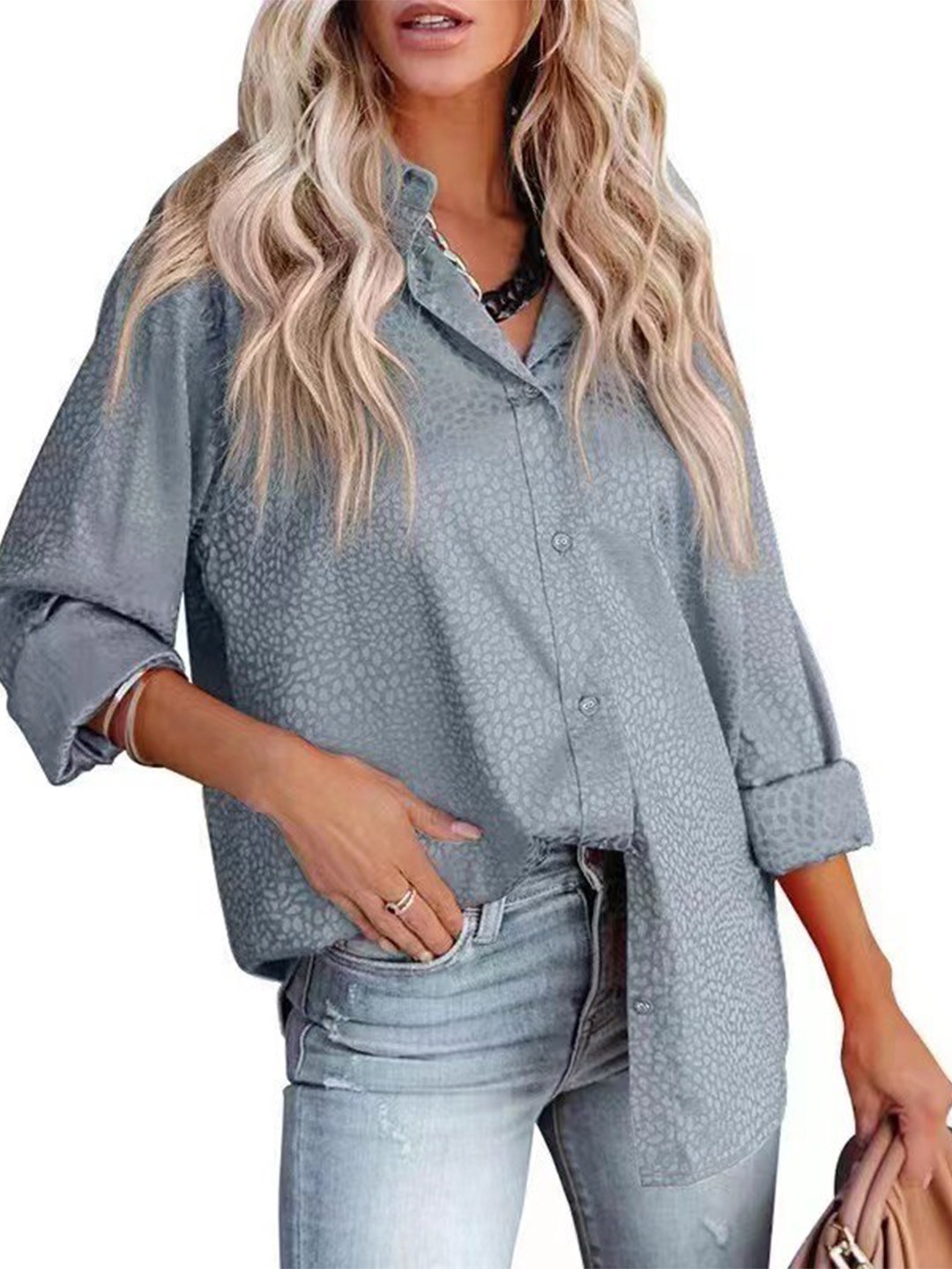 

StyleCast Grey Abstract Printed Long Sleeves Satin Casual Shirt