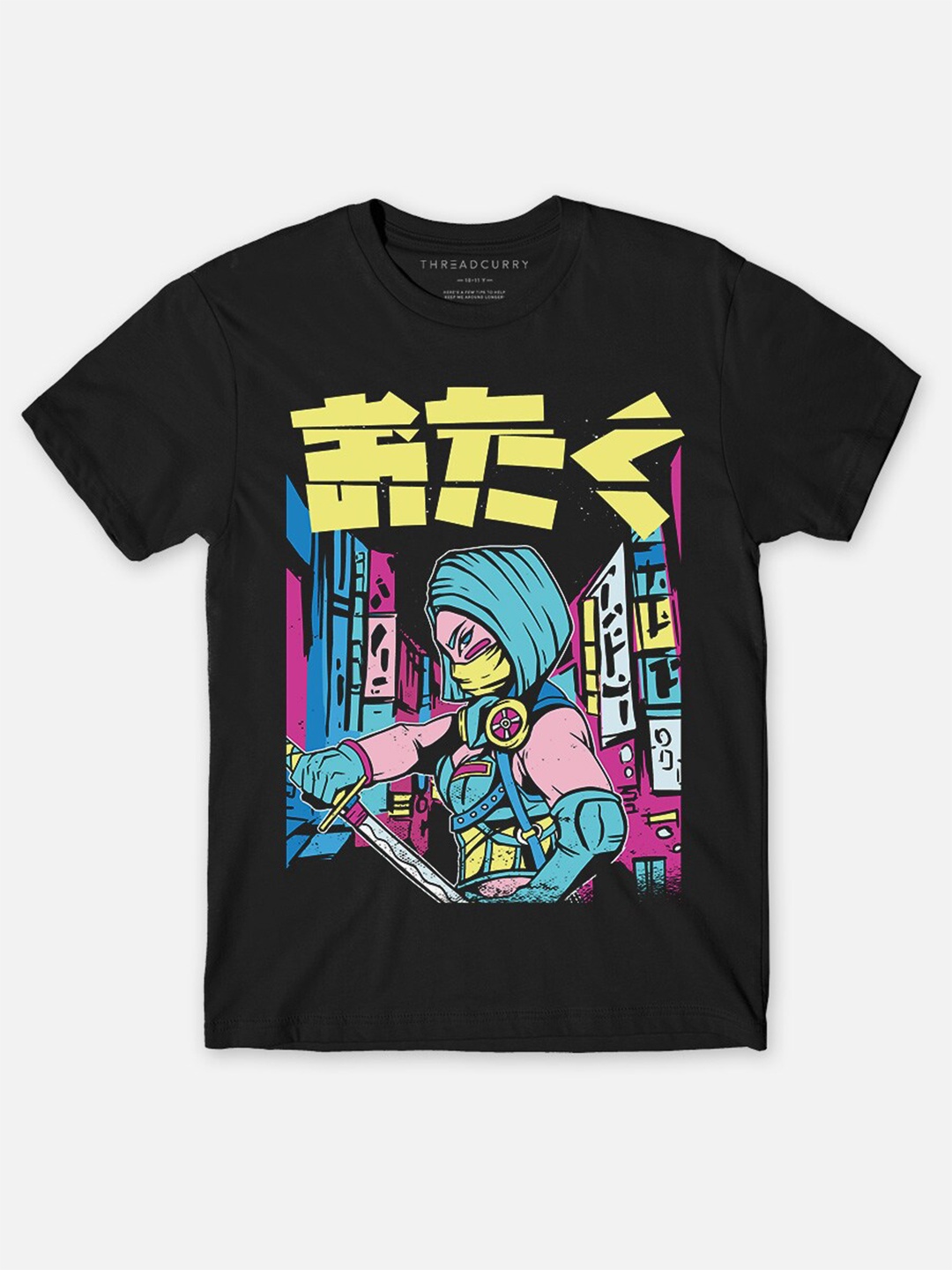 

THREADCURRY Boys Urban Ninja Girl Printed Round Neck Cotton T-shirt, Black