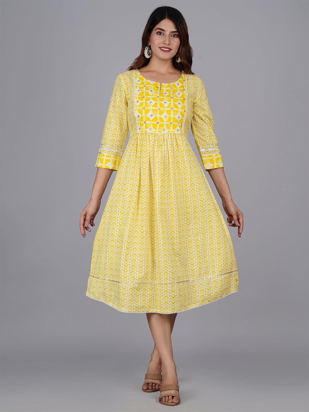 

KALINI Cotton Ethnic Motifs Print A Line Midi Dress, Yellow