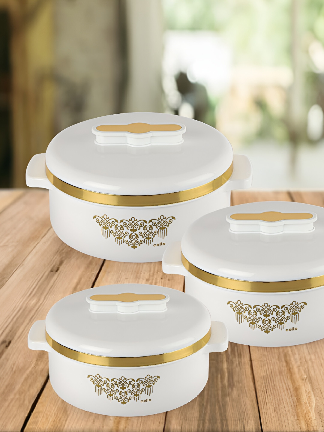 

Cello White & Gold-Toned 3 Pieces Stainless Steel Food Container
