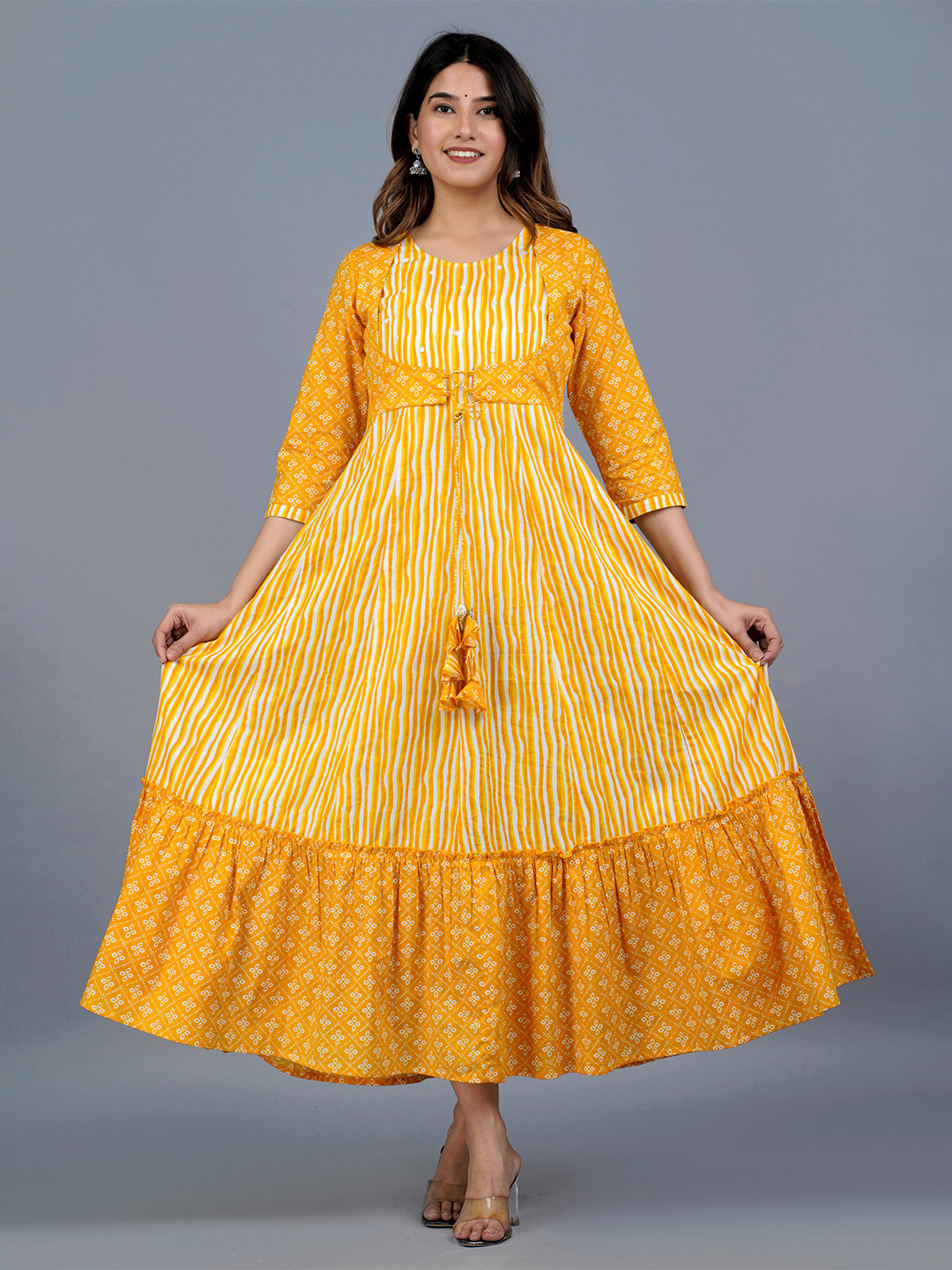 

JAIPURI COLLECTION Striped Cotton Ethnic Maxi Dress, Yellow