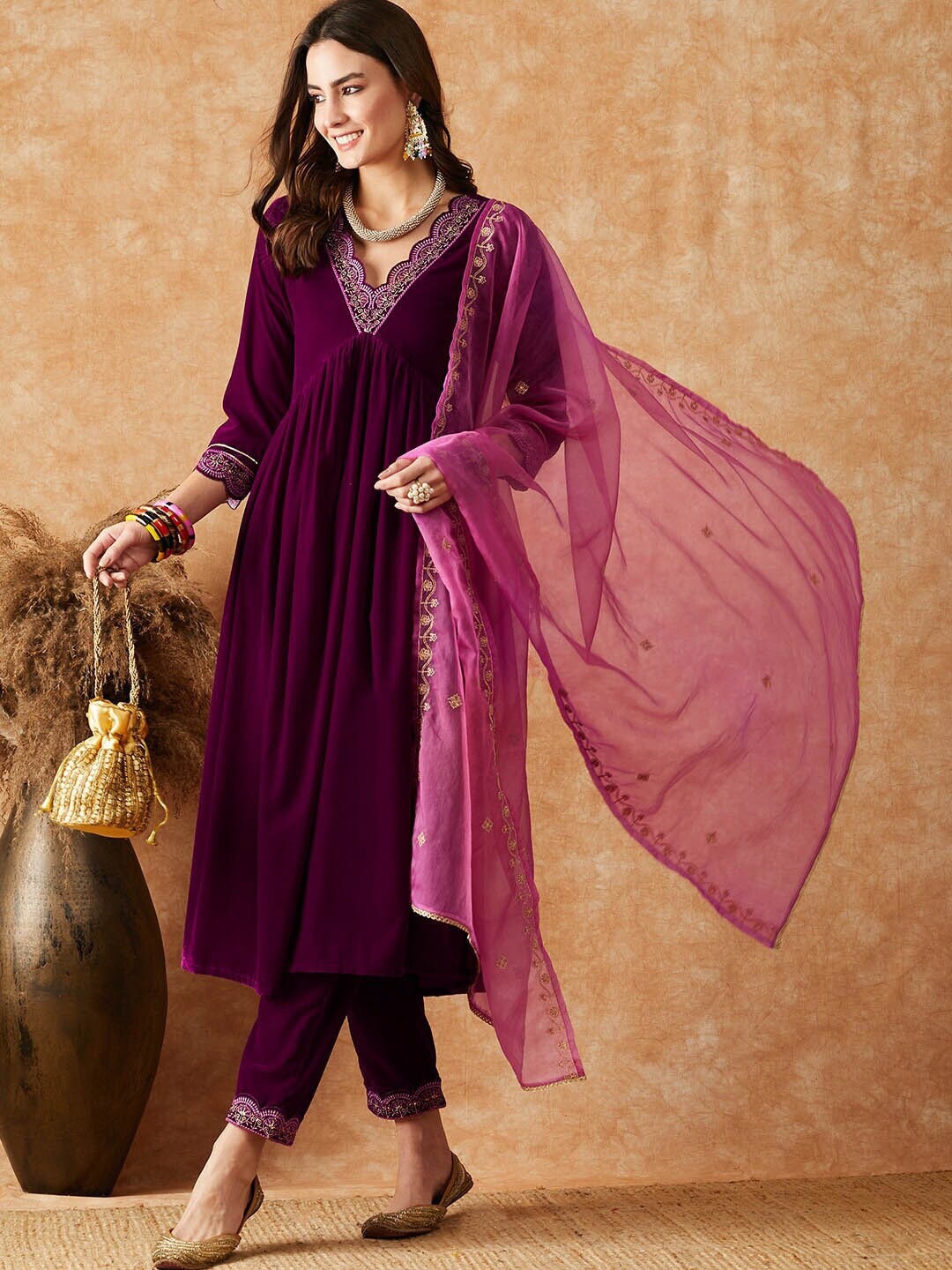 

Sangria V Neck Zari Sequence Embroidered Flared Kurta with Trousers & Dupatta, Purple