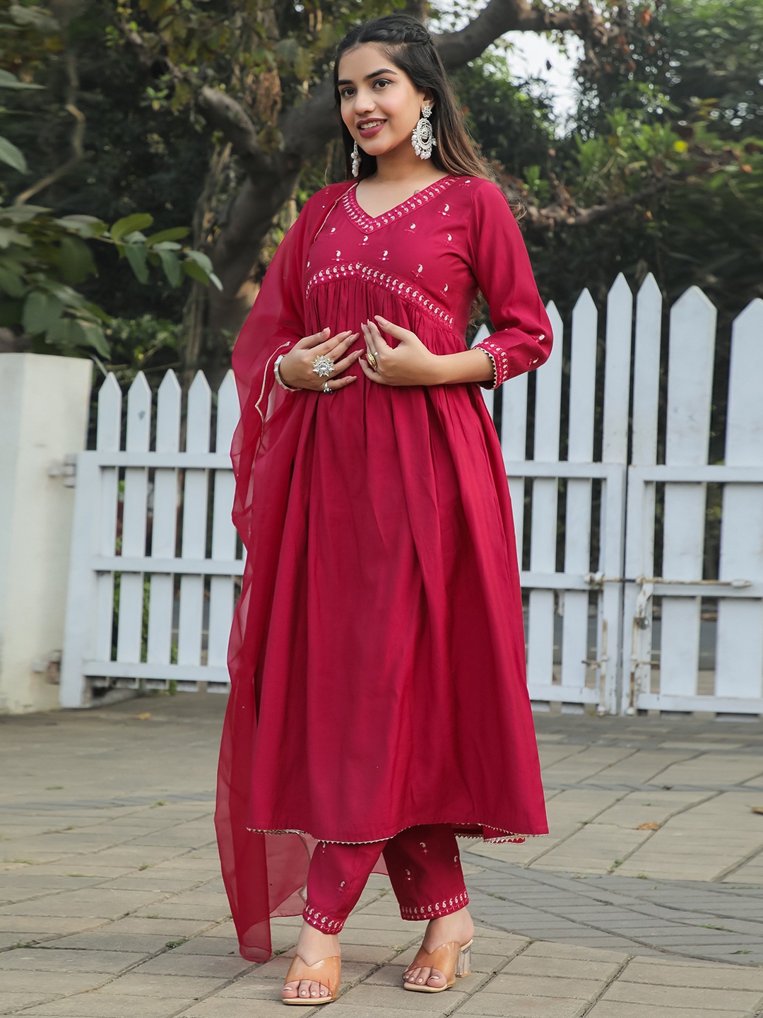 

Rajnandini Paisley Yoke Design V-Neck Cotton Empire Kurta With Trouser & Dupatta, Magenta