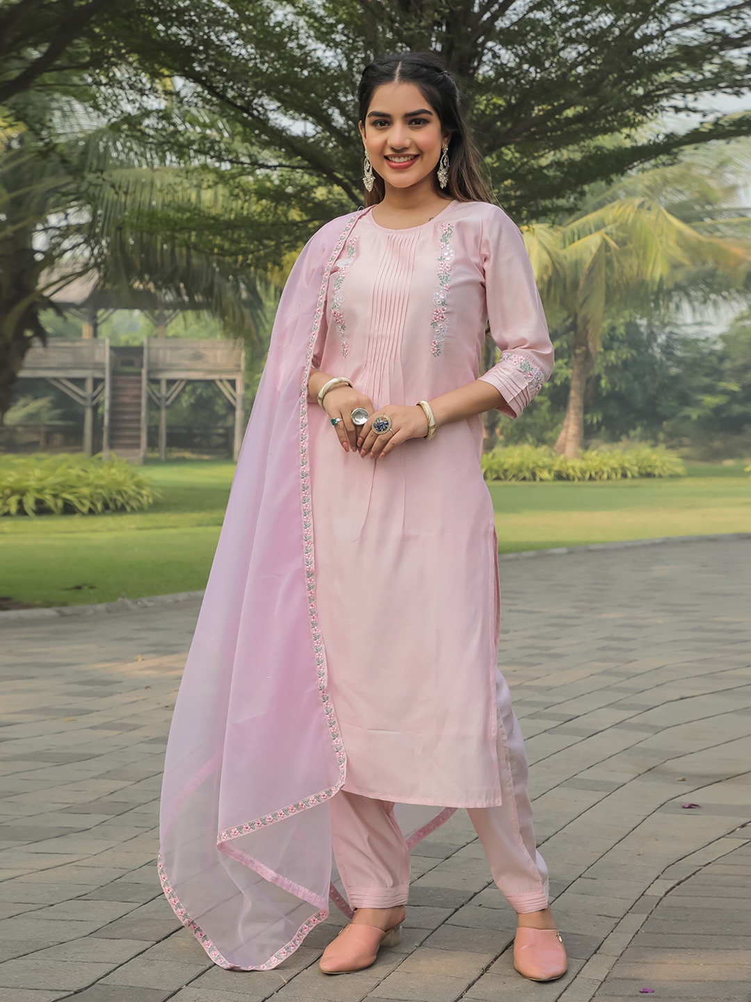 

Rajnandini Floral Embroidered Round Neck Pleated Pure Cotton Kurta With Trouser & Dupatta, Pink