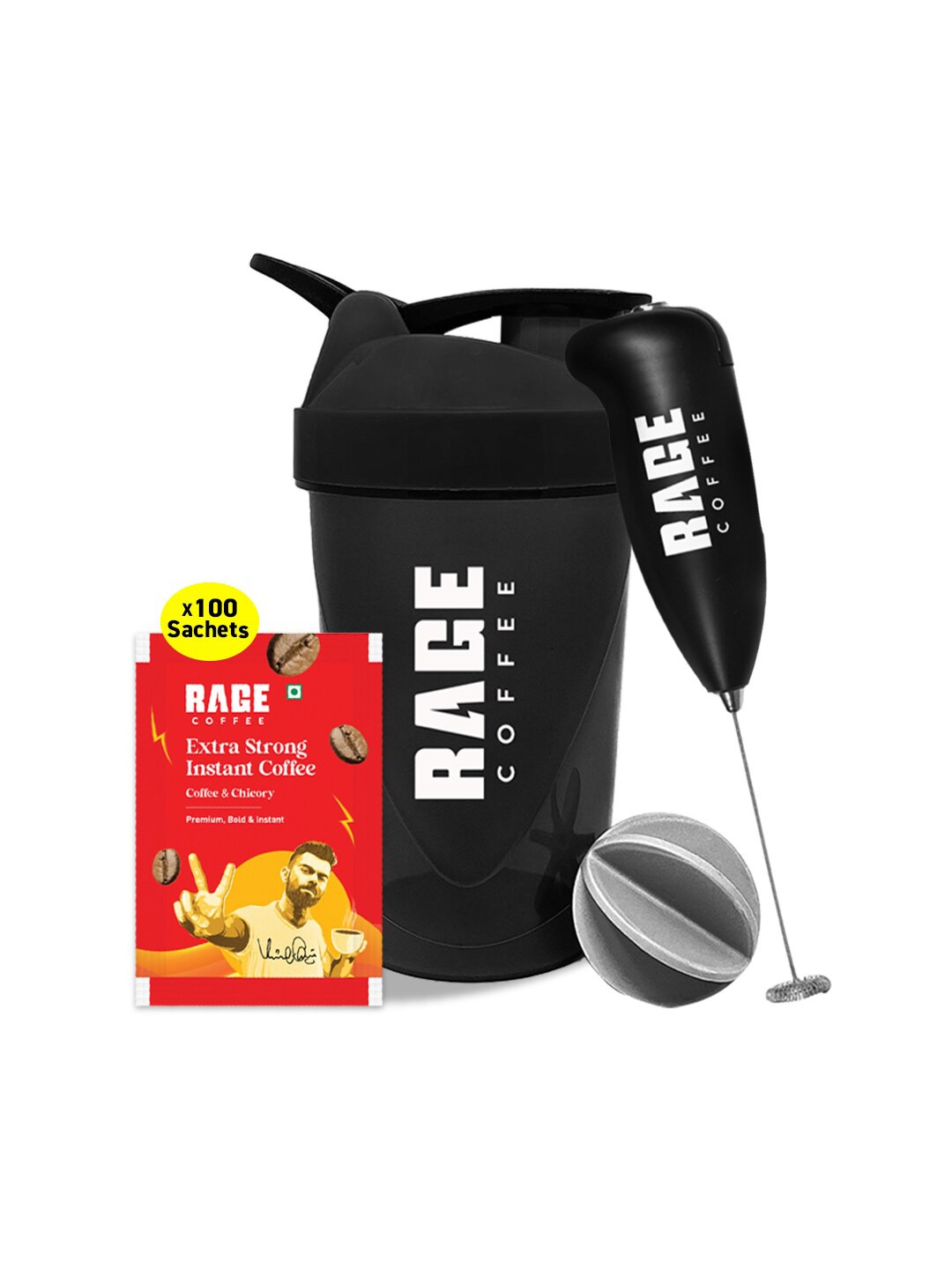 

Rage Coffee Pack Of 100 Instant Coffee Sachets With Shaker & Frother, Brown