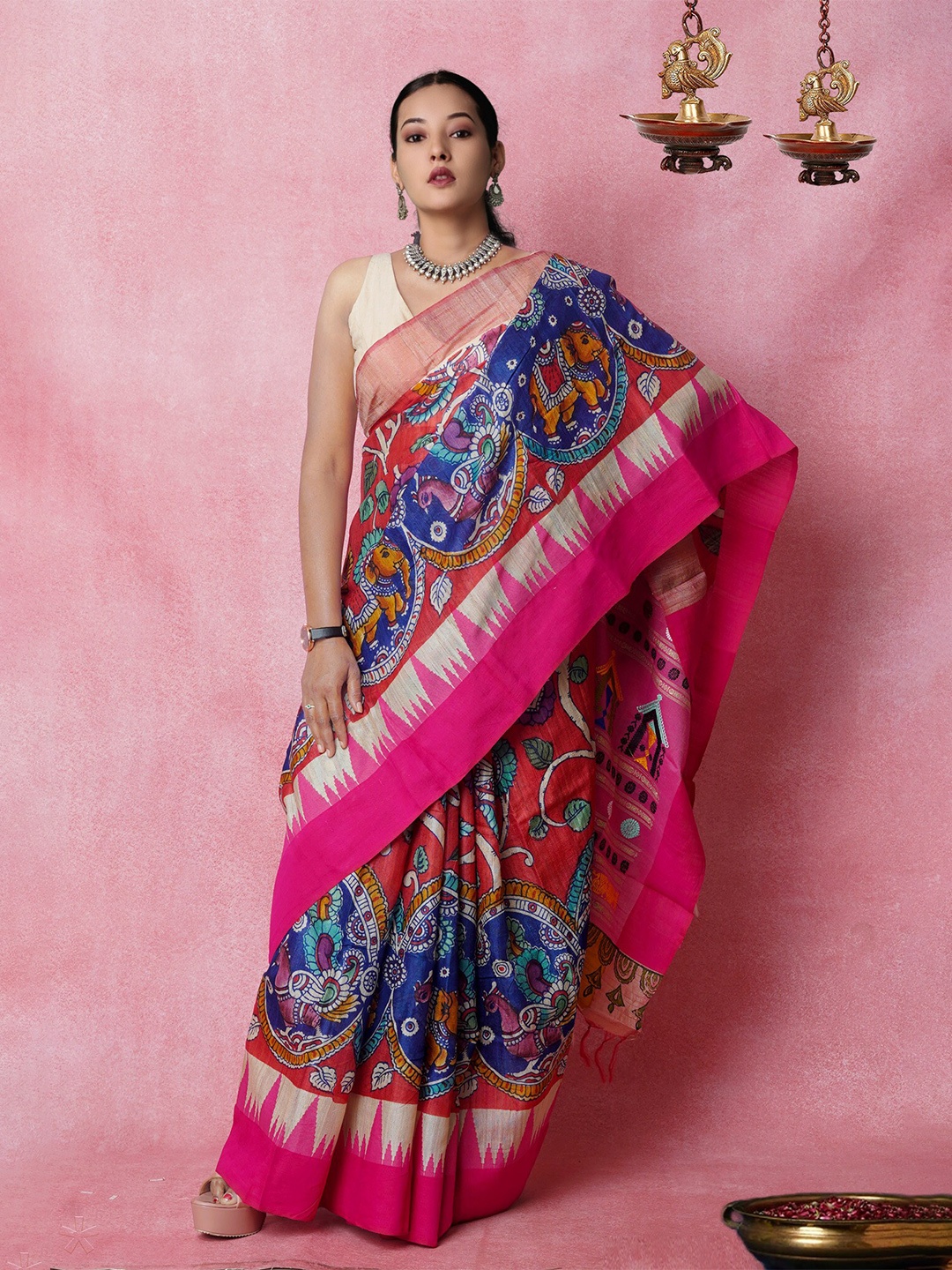 

Unnati Silks Kalamkari Printed Pure Silk Handloom Tussar Saree, Red
