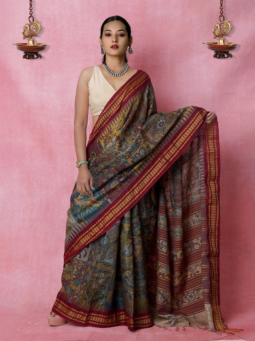 

Unnati Silks Kalamkari Printed Zari Pure Silk Handloom Tussar Saree, Grey