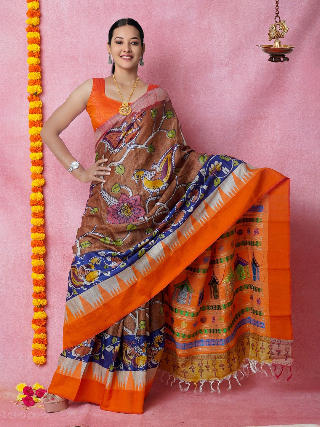 

Unnati Silks Kalamkari Printed Pure Silk Handloom Tussar Saree, Brown