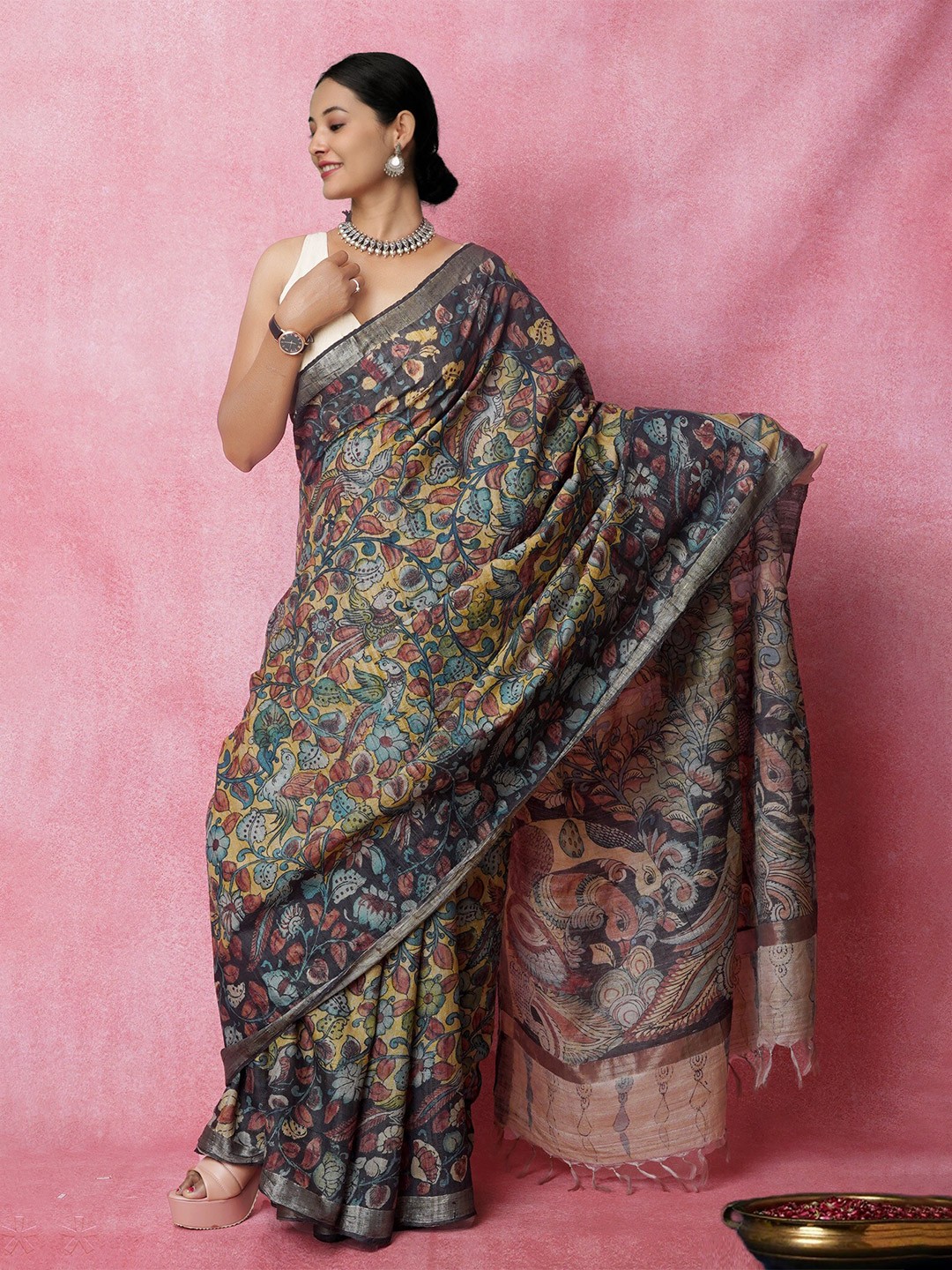 

Unnati Silks Kalamkari Printed Zari Tussar Silk Saree, Navy blue