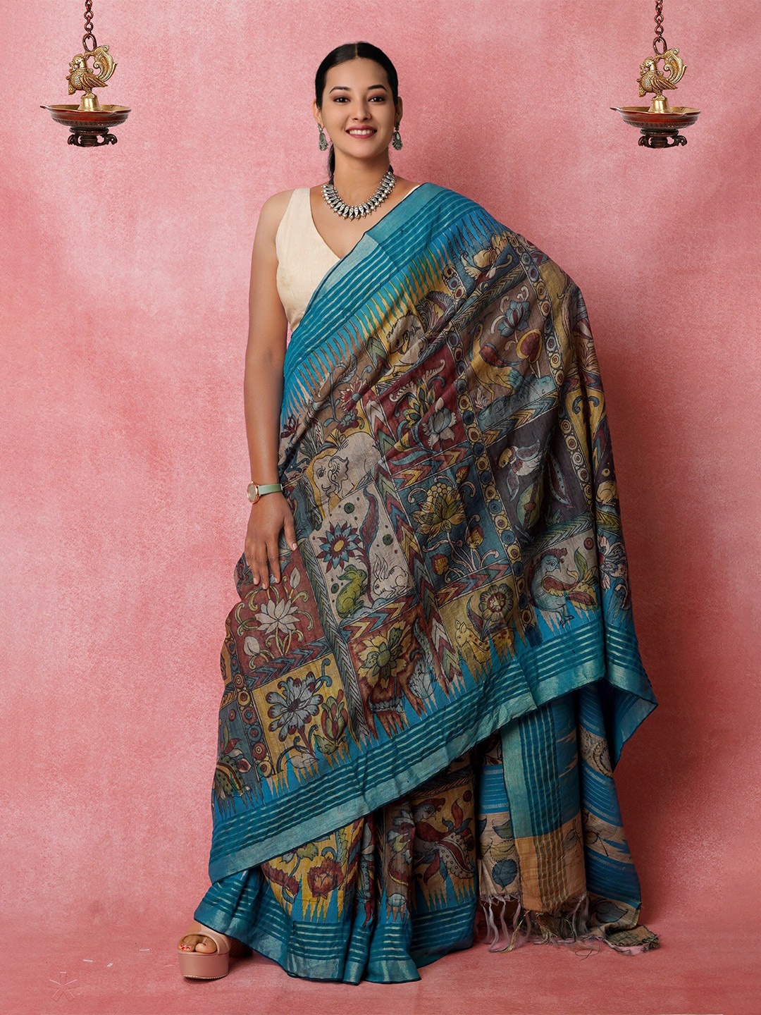 

Unnati Silks Kalamkari Printed Zari Pure Silk Handloom Tussar Saree, Blue